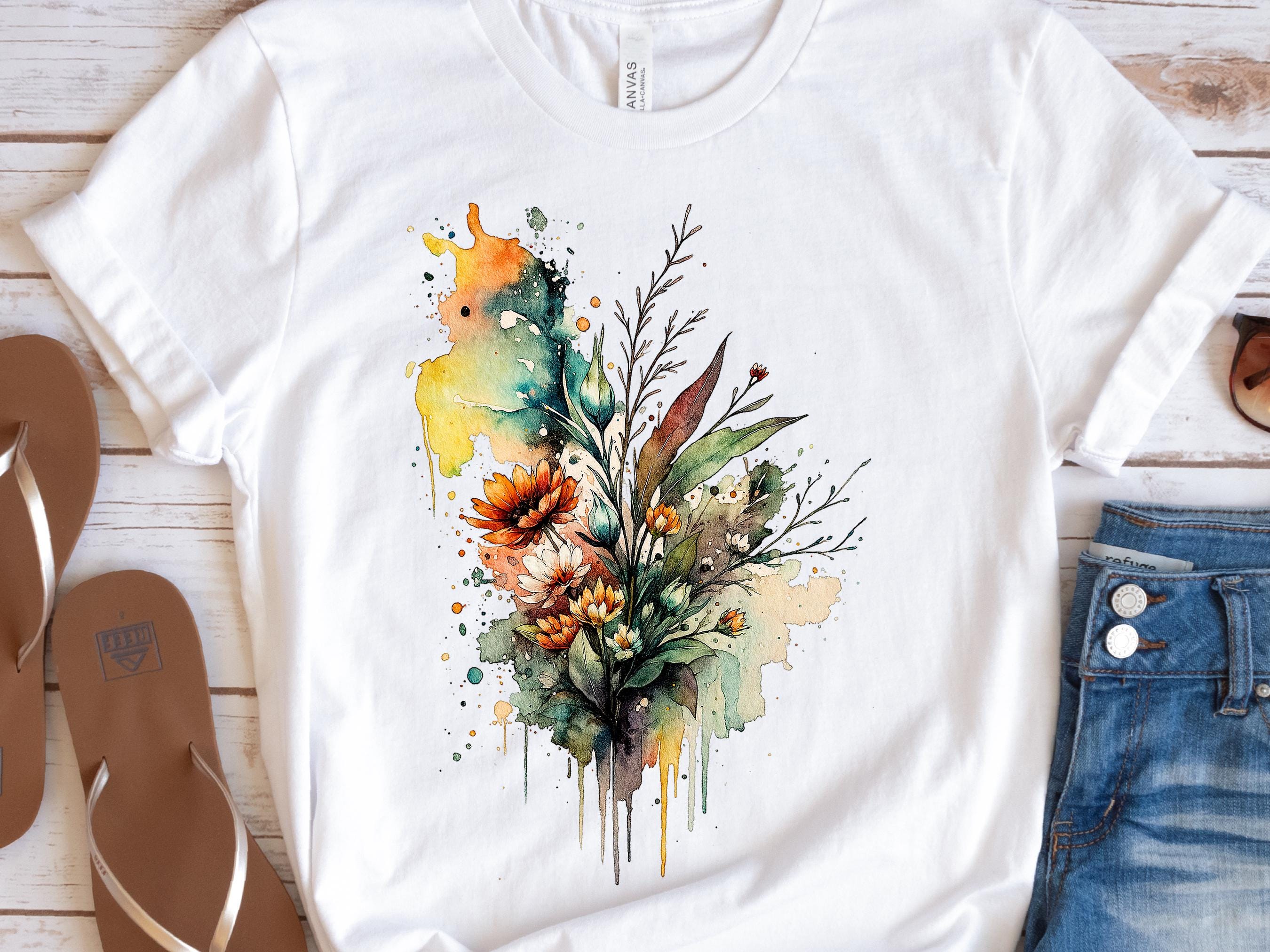 Watercolour Wildflowers T-Shirt Beautiful Loose Abstract Painting Messy Floral Design Flowers Leaves Leaf Feminine Tee Shirt for Her Women