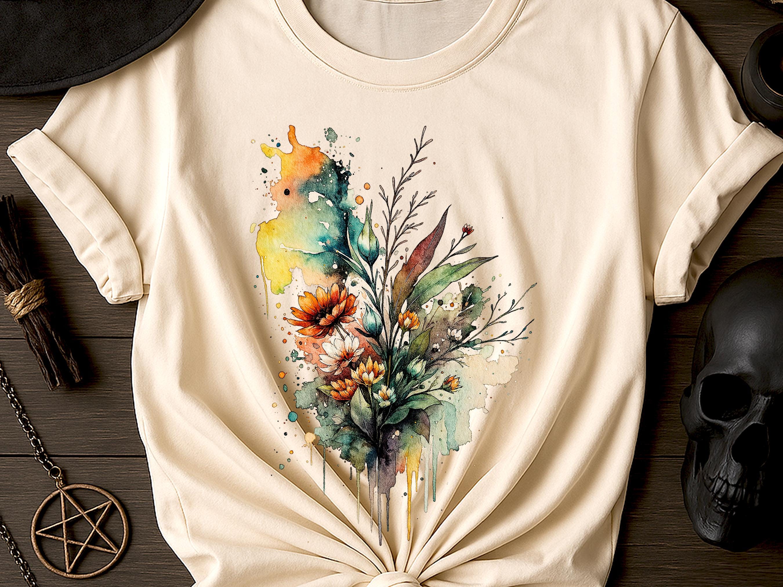 Watercolour Wildflowers T-Shirt Beautiful Loose Abstract Painting Messy Floral Design Flowers Leaves Leaf Feminine Tee Shirt for Her Women - View 2