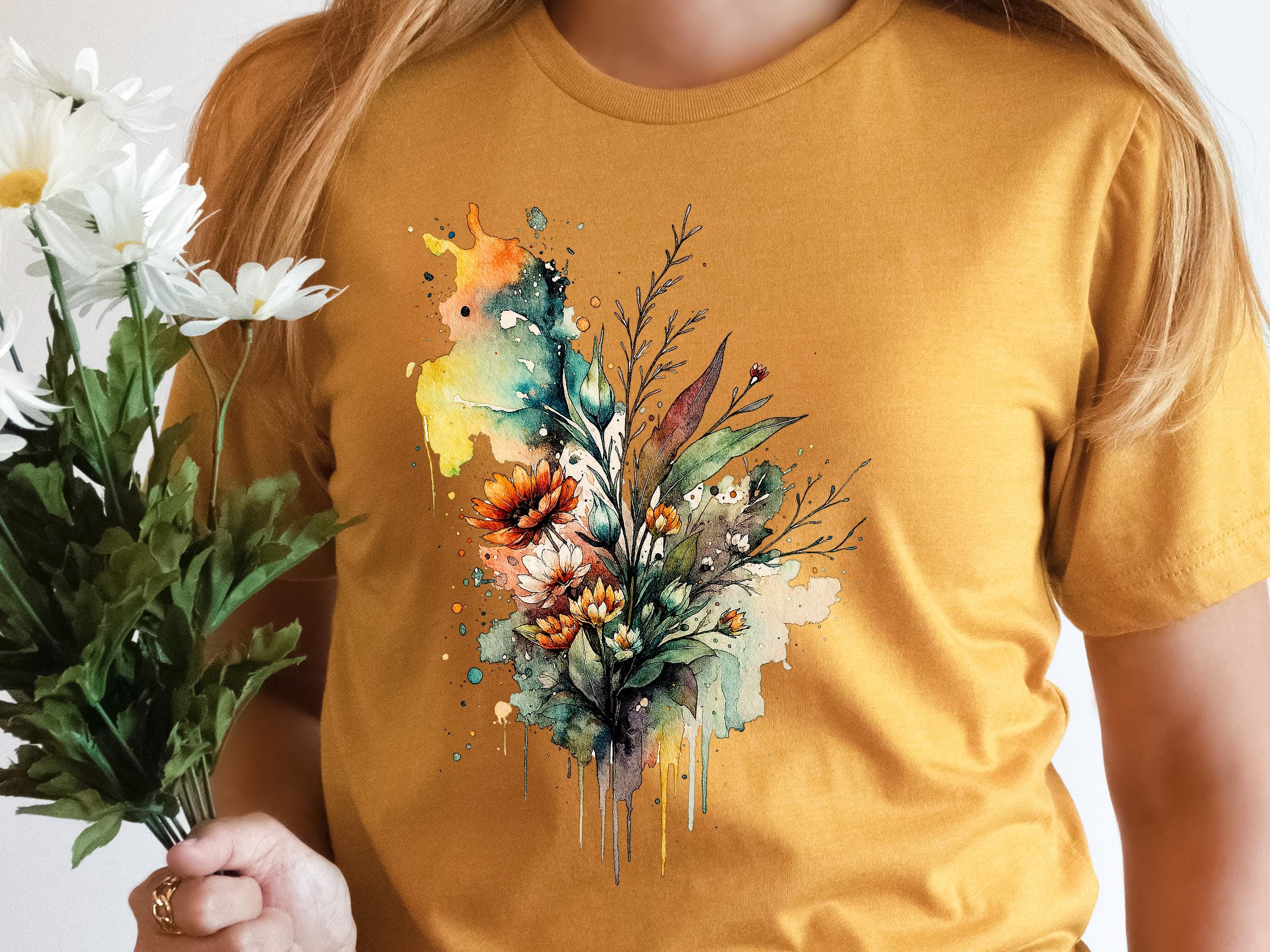 Watercolour Wildflowers T-Shirt Beautiful Loose Abstract Painting Messy Floral Design Flowers Leaves Leaf Feminine Tee Shirt for Her Women - View 10