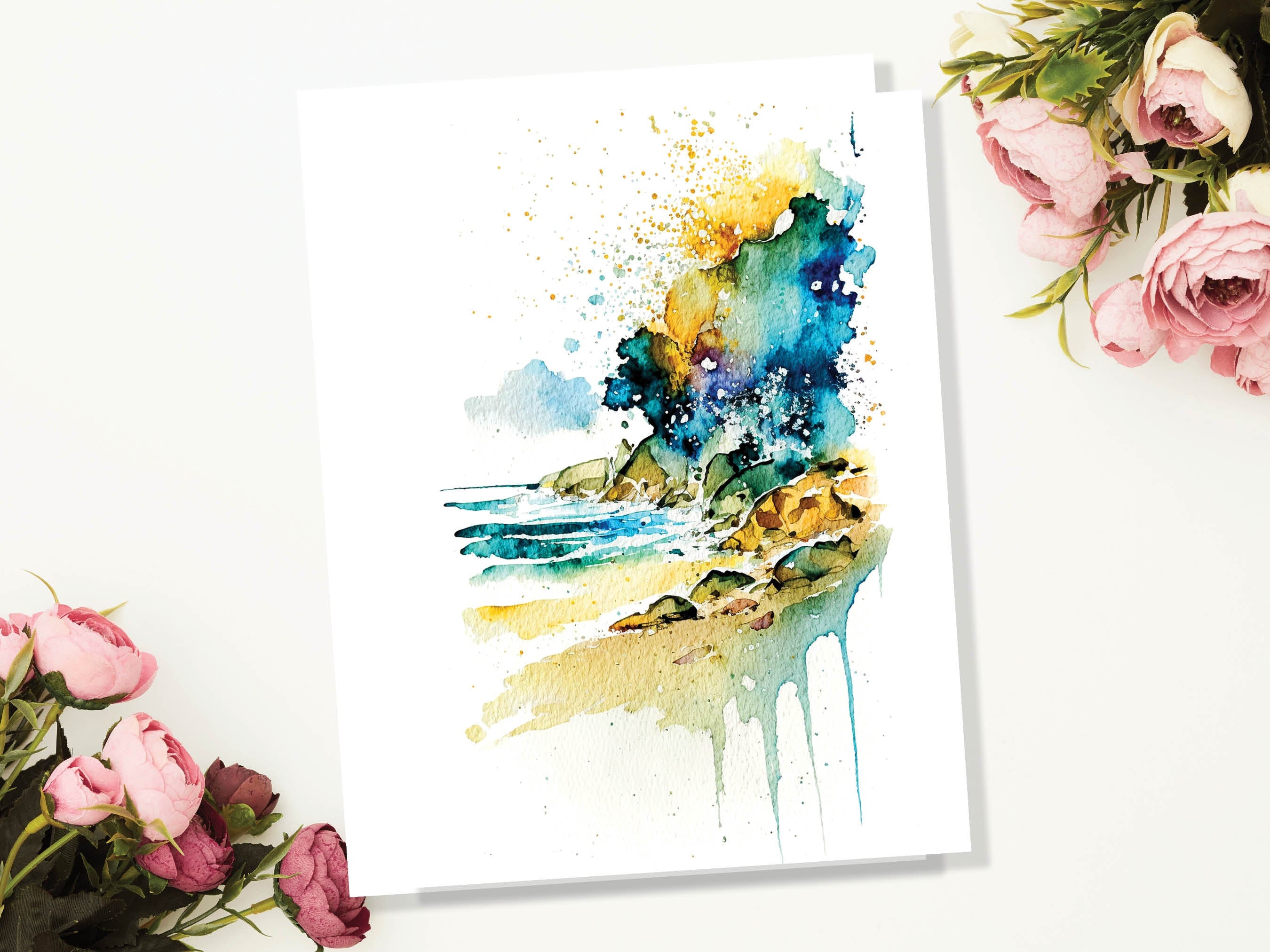 Beach Note Cards Watercolour Abstract Painting Ocean Coastal Inspired Nautical Sea Seaside Lover Greetings Any Occasion Thinking of You BFF - View 3