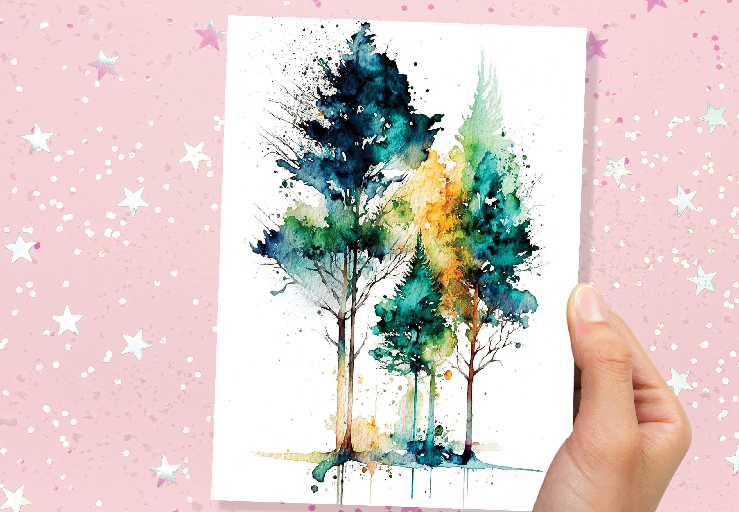 Minimal Watercolor Forest Card Nature Lover Abstract Trees Woodland Painting Greeting Cards Any Occasion Thinking of You Thanks Just Because - View 5