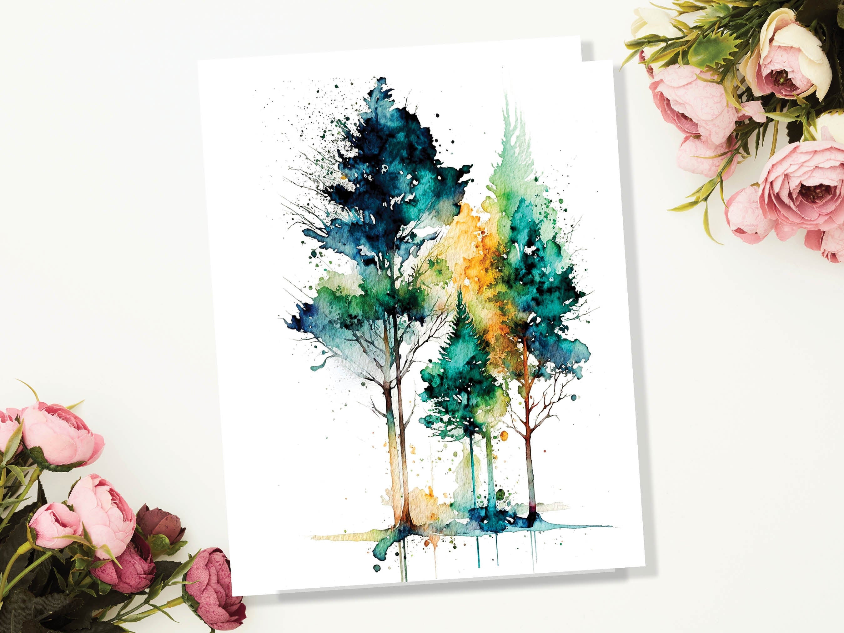 Minimal Watercolor Forest Card Nature Lover Abstract Trees Woodland Painting Greeting Cards Any Occasion Thinking of You Thanks Just Because - View 3