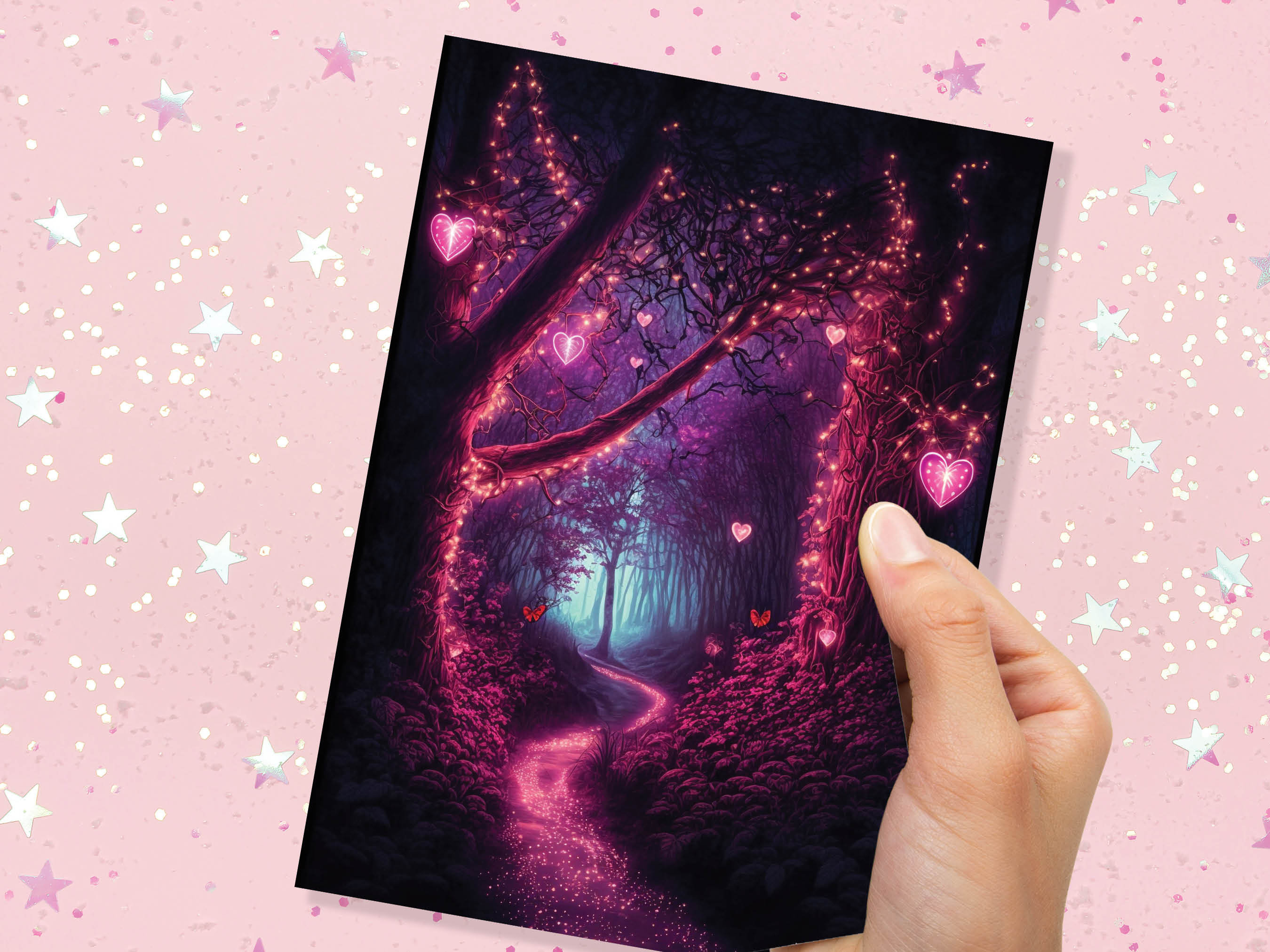 Romantic Magical Garden with Heart-Shaped Lights and Mystical Whimsical Night Butterfly Greeting Card Wife Girlfriend Anniversary Monthsary - View 7