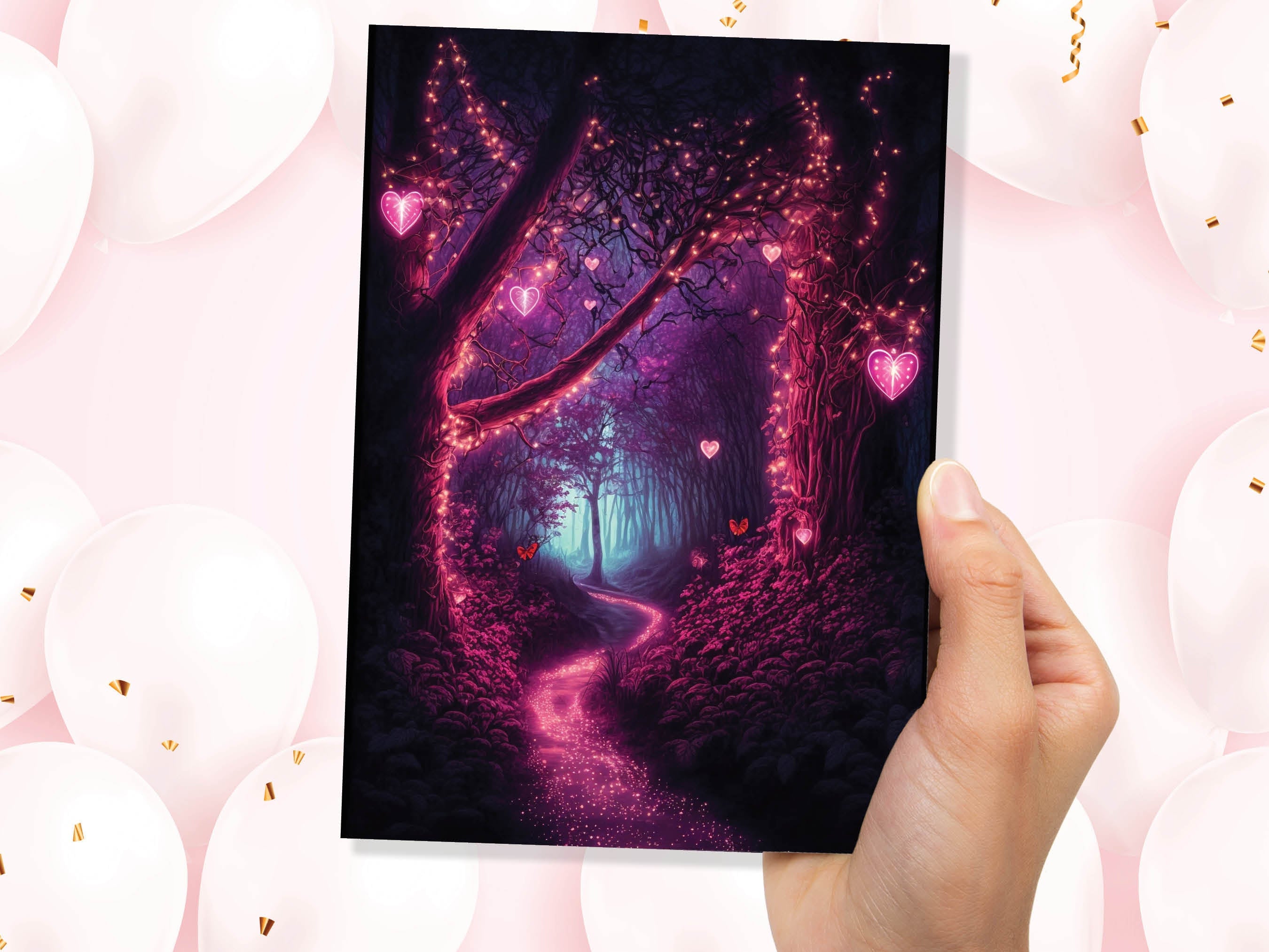 Romantic Magical Garden with Heart-Shaped Lights and Mystical Whimsical Night Butterfly Greeting Card Wife Girlfriend Anniversary Monthsary - View 4