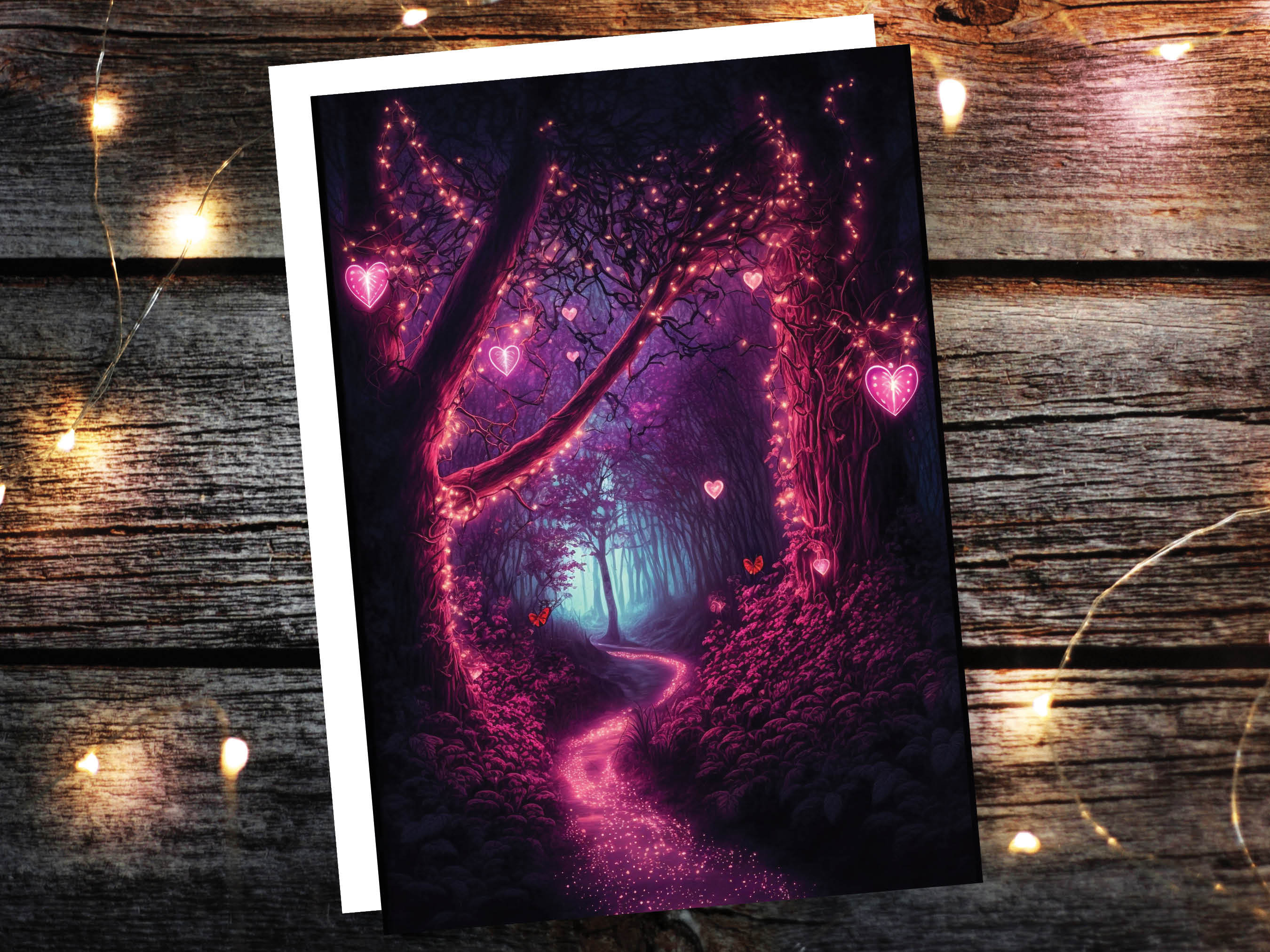 Romantic Magical Garden with Heart-Shaped Lights and Mystical Whimsical Night Butterfly Greeting Card Wife Girlfriend Anniversary Monthsary - View 6