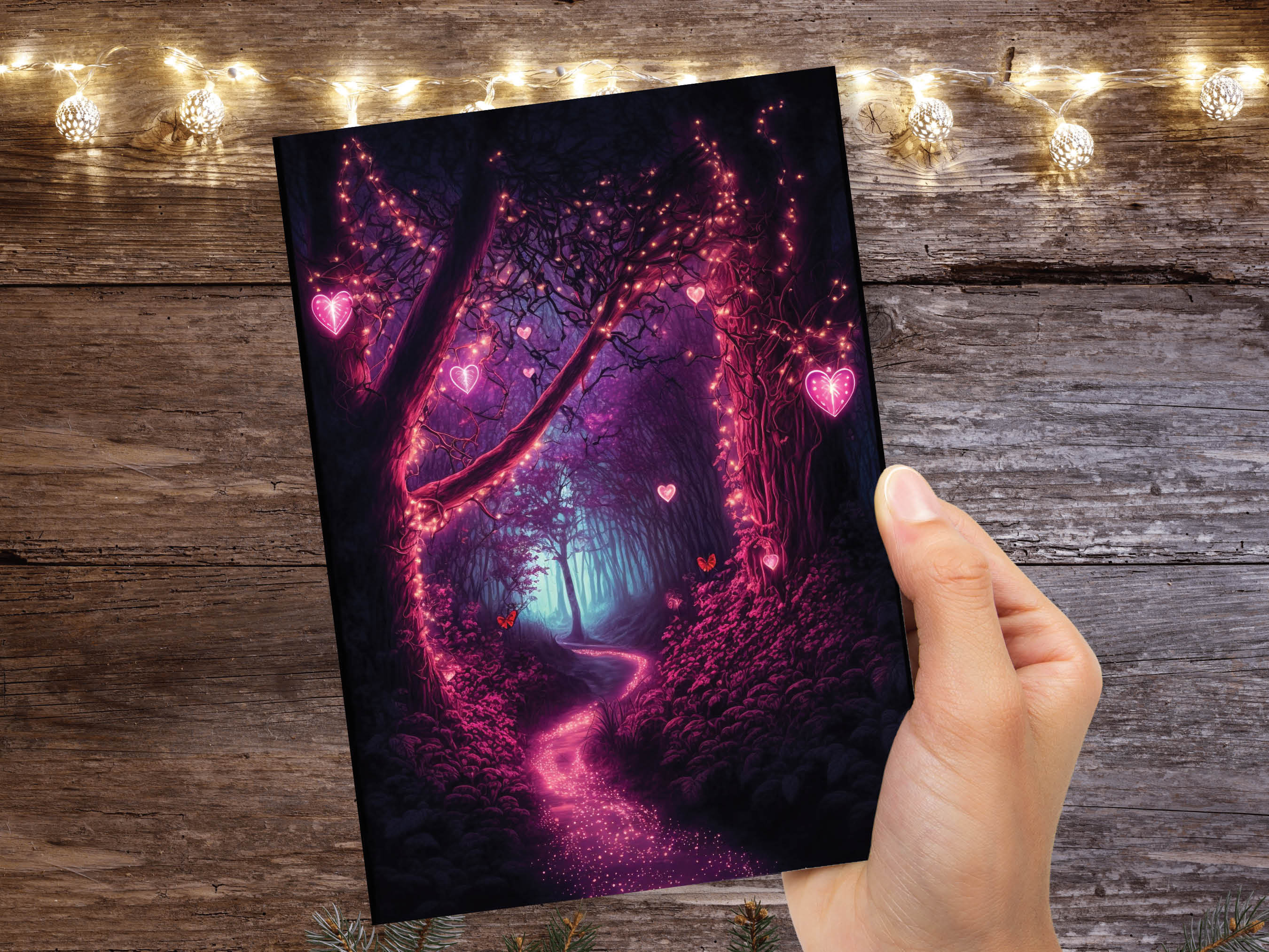 Romantic Magical Garden with Heart-Shaped Lights and Mystical Whimsical Night Butterfly Greeting Card Wife Girlfriend Anniversary Monthsary - View 8