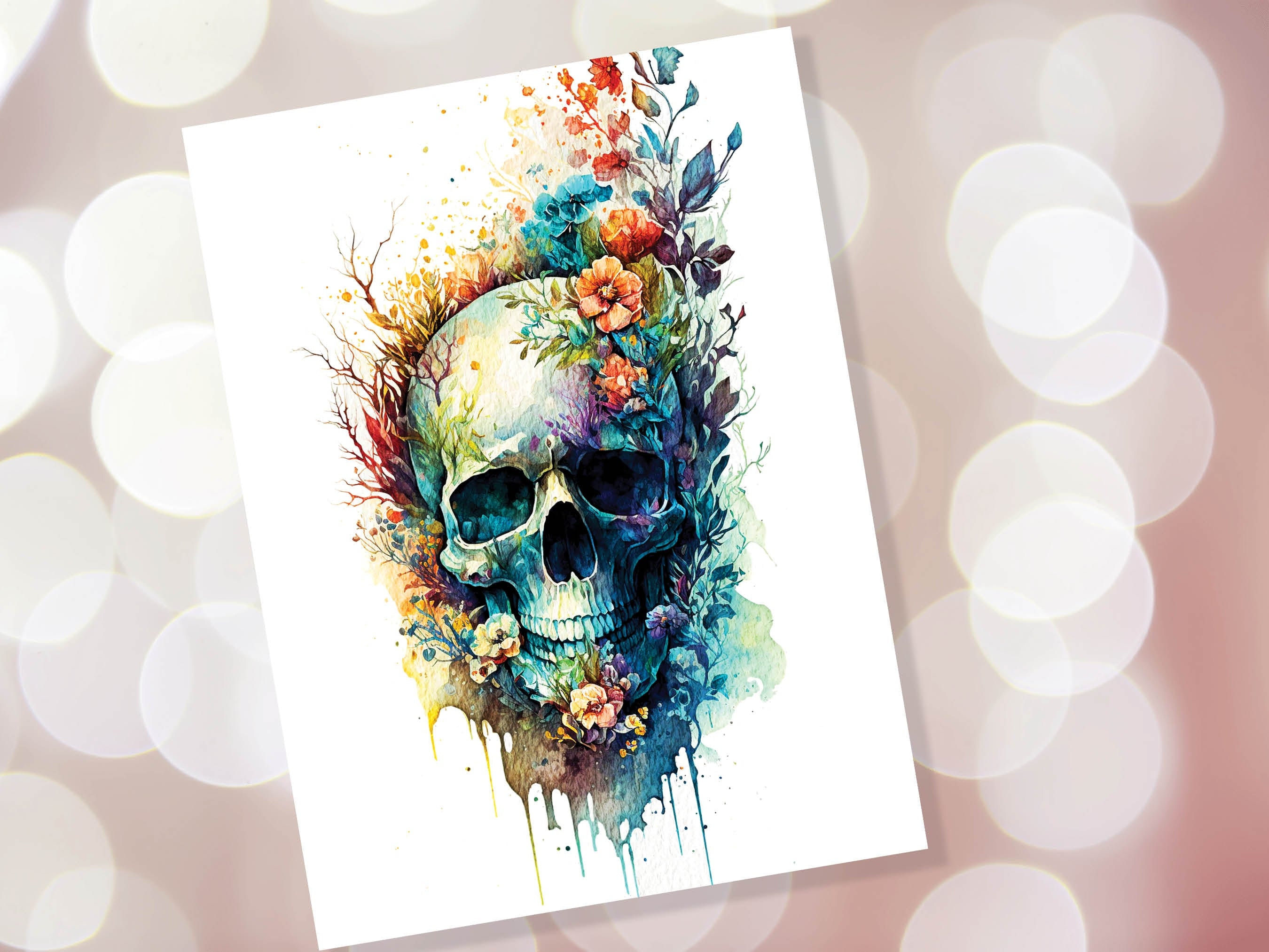 Skull with Flowers Card Gothic Birthday Cards Day of the Dead Goth Alternative Wedding Floral Watercolour Greetings Notelets Boho Chic BFF - View 7