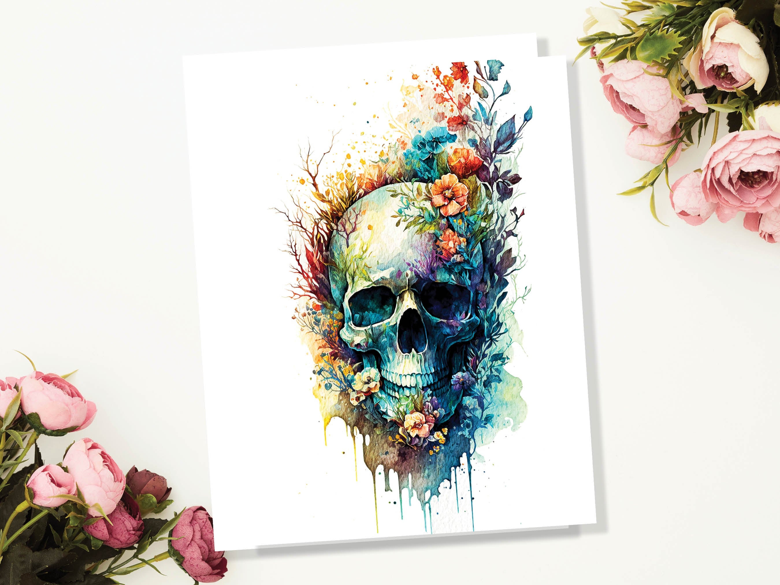 Skull with Flowers Card Gothic Birthday Cards Day of the Dead Goth Alternative Wedding Floral Watercolour Greetings Notelets Boho Chic BFF - View 3