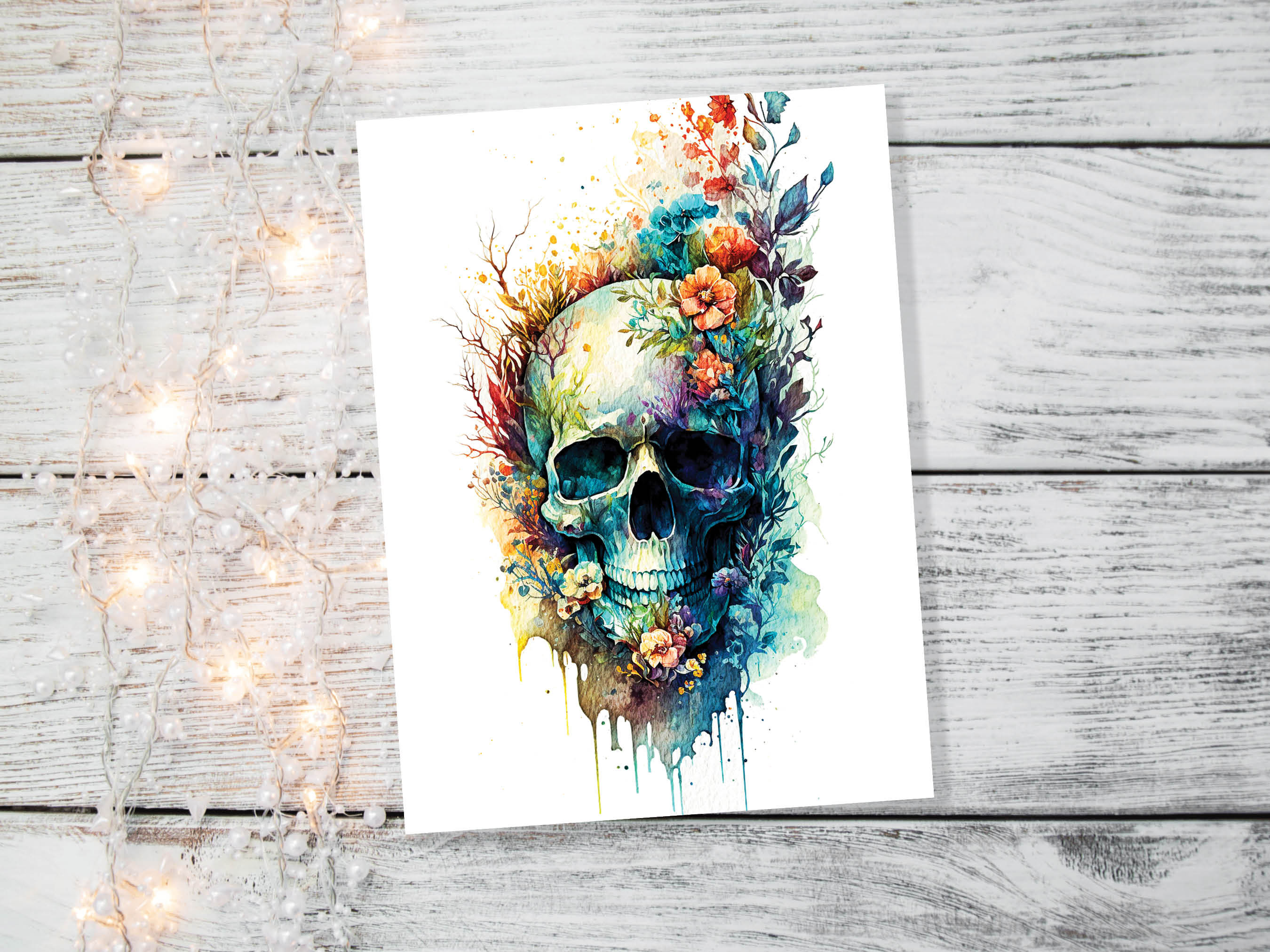 Skull with Flowers Card Gothic Birthday Cards Day of the Dead Goth Alternative Wedding Floral Watercolour Greetings Notelets Boho Chic BFF - View 4
