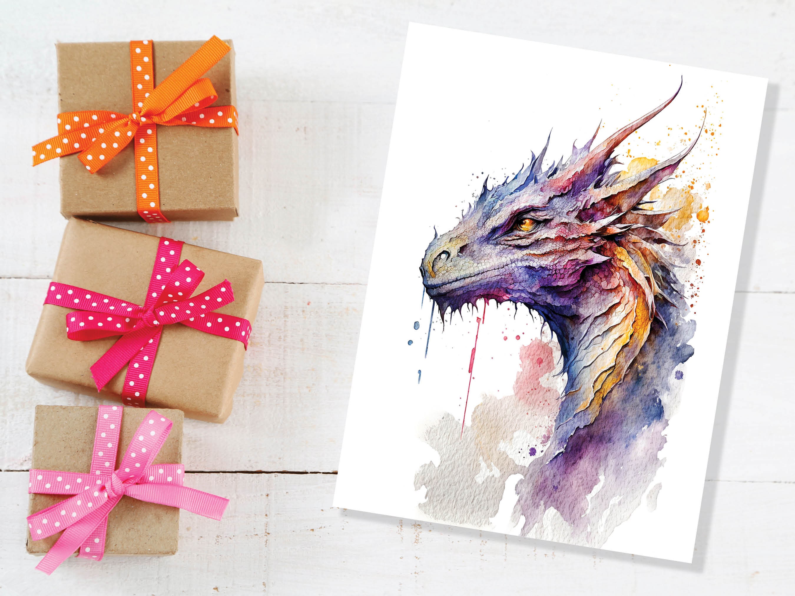 Dragon Birthday Wishes Card Fantasy Dragon Lovers Magical Notecard Watercolour Art Fairytale Greeting Cards Mythical Thank You Notelets Myth - View 5