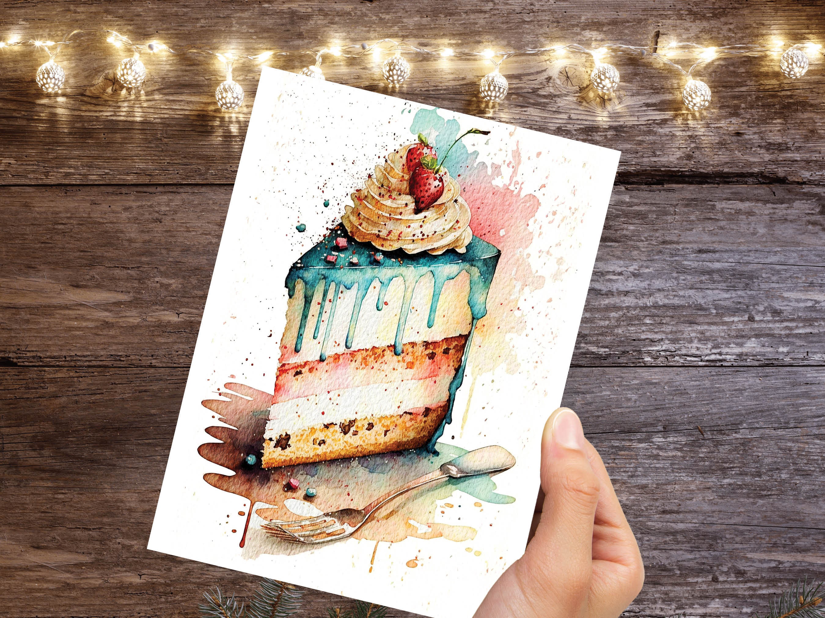 Happy Birthday Slice of Cake Card Strawberry Pink Blue Layered Sponge Loose Messy Watercolour Painting Greeting Card for Her Wife Mum BFF - View 5