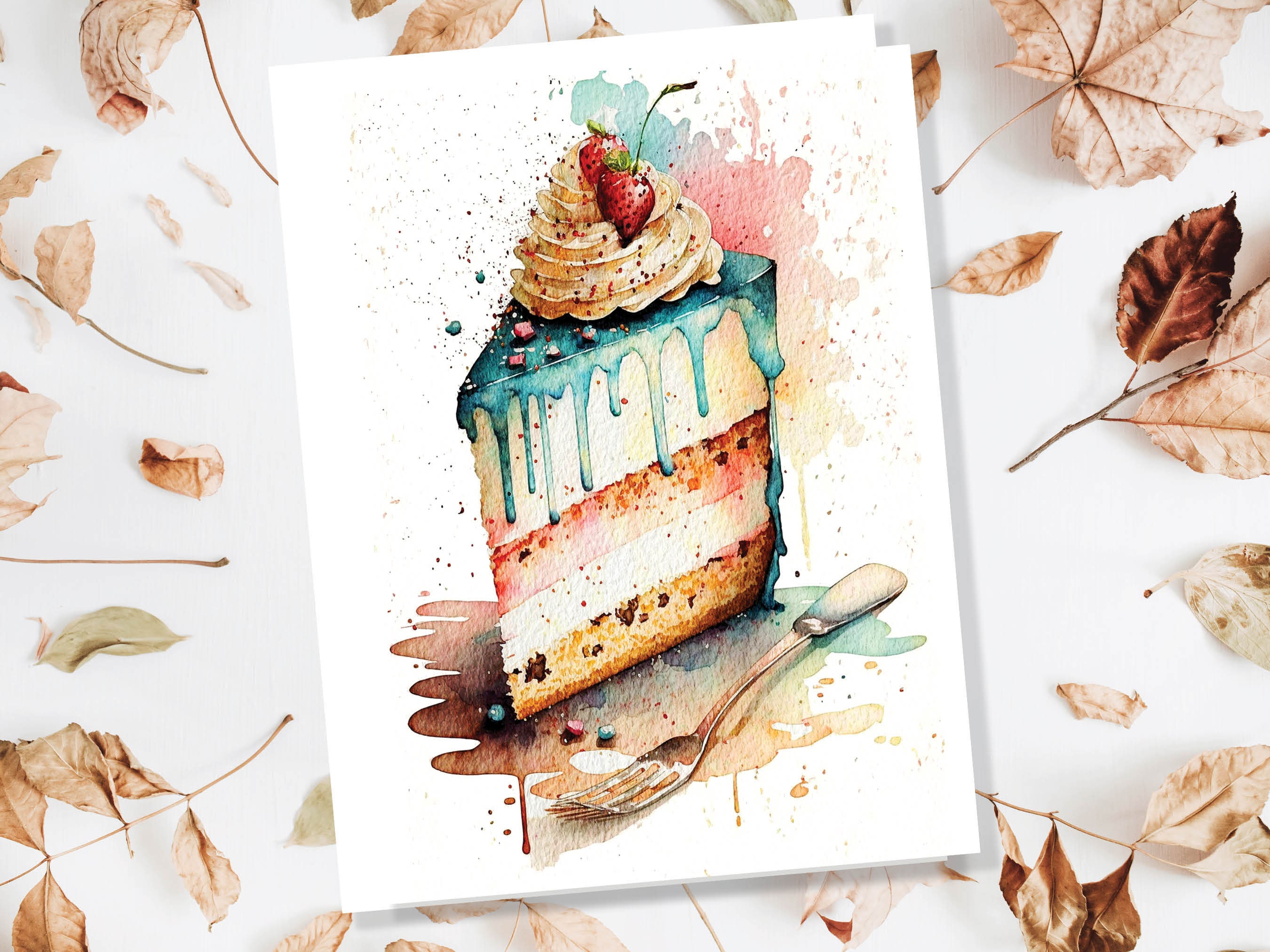 Happy Birthday Slice of Cake Card Strawberry Pink Blue Layered Sponge Loose Messy Watercolour Painting Greeting Card for Her Wife Mum BFF - View 4
