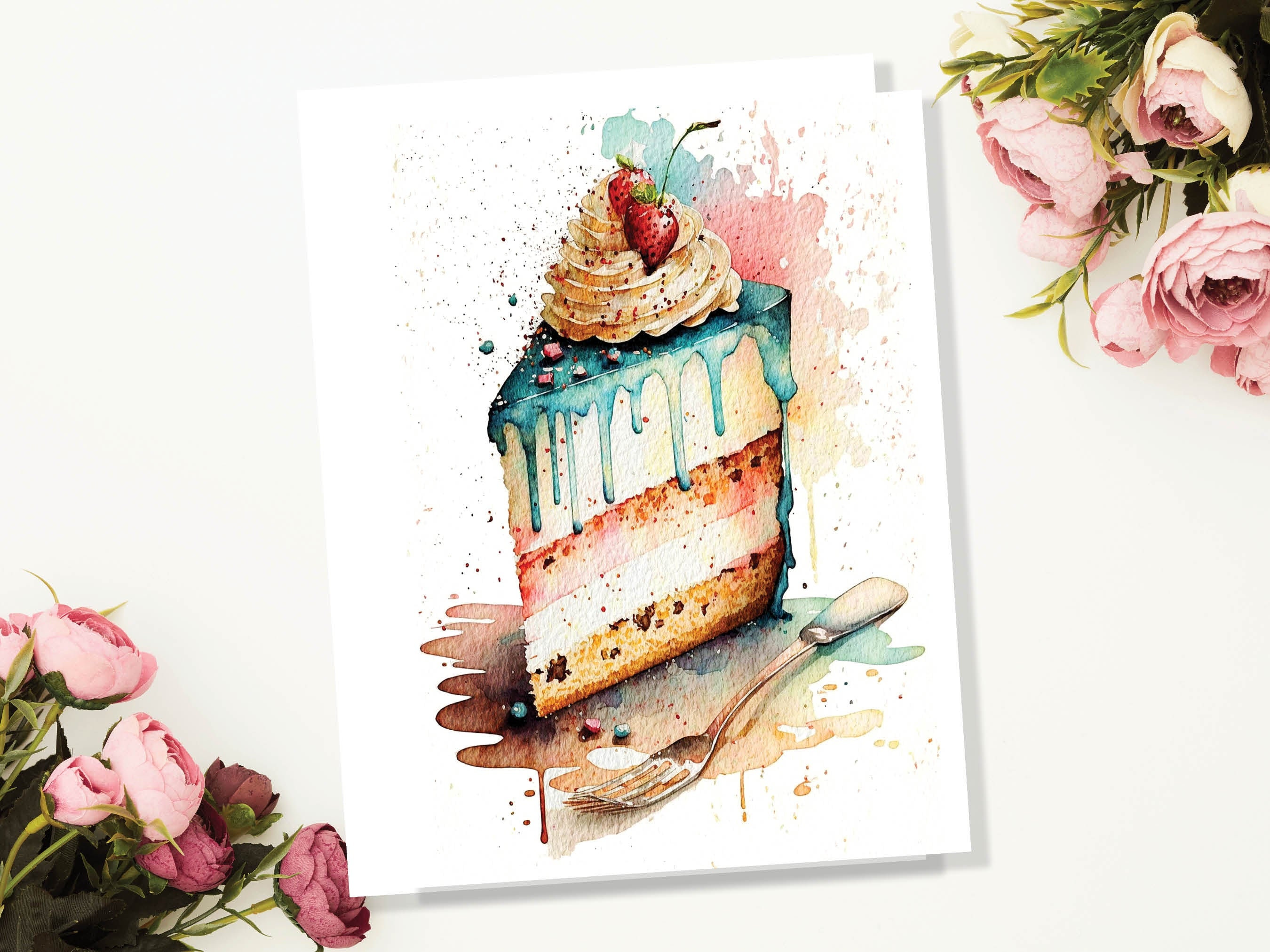 Happy Birthday Slice of Cake Card Strawberry Pink Blue Layered Sponge Loose Messy Watercolour Painting Greeting Card for Her Wife Mum BFF - View 3