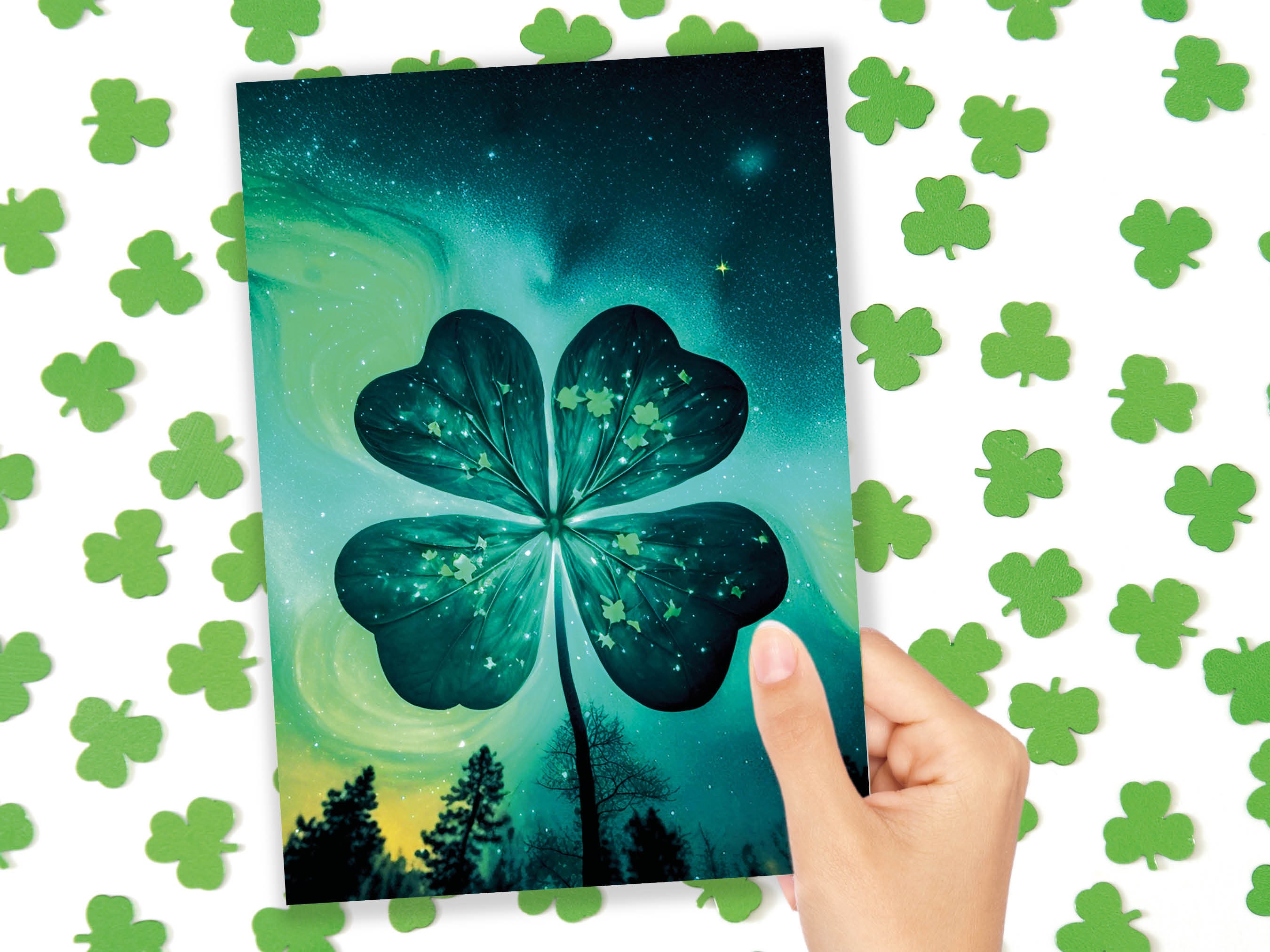 Lucky Four Leafed Clover Card St. Patrick's Day Good Luck of the Irish Glowing Whimsical Magical Shamrock Greeting Cards Family & Friends - View 10