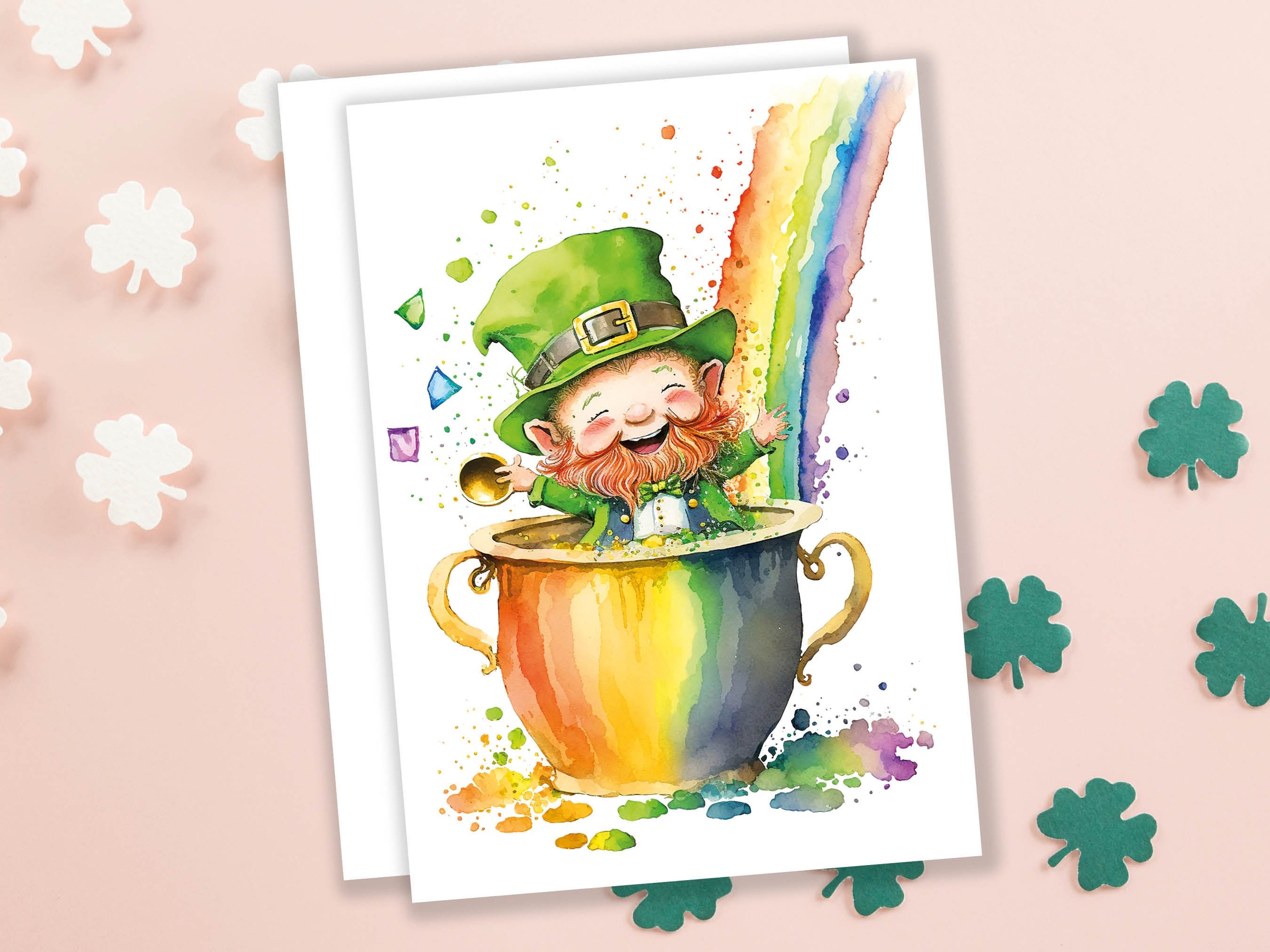 Cute Leprechaun Card St Patricks Day Luck of the Irish Pot of Gold Rainbow Lucky Ireland Themed Saint Paddy's Watercolor Greeting Cards Eco - View 4