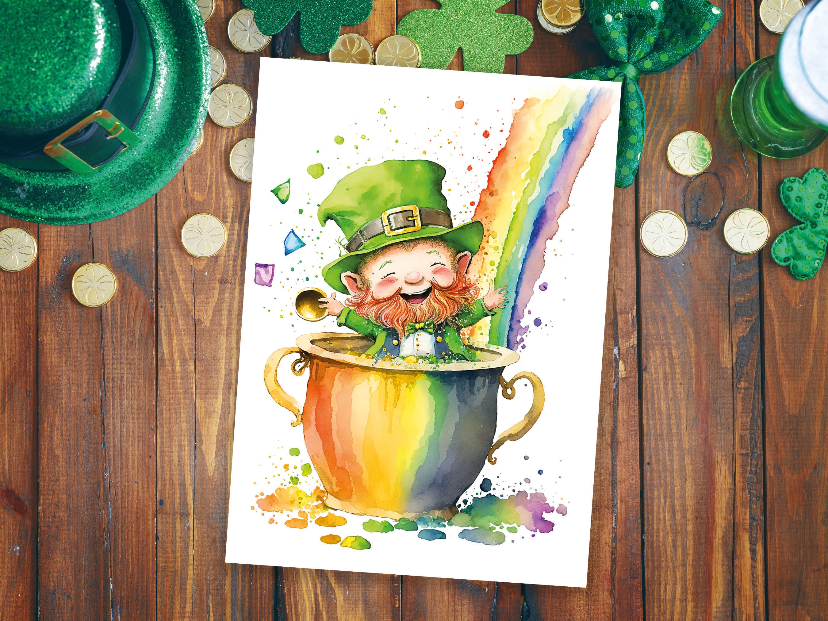 Cute Leprechaun Card St Patricks Day Luck of the Irish Pot of Gold Rainbow Lucky Ireland Themed Saint Paddy's Watercolor Greeting Cards Eco - View 7