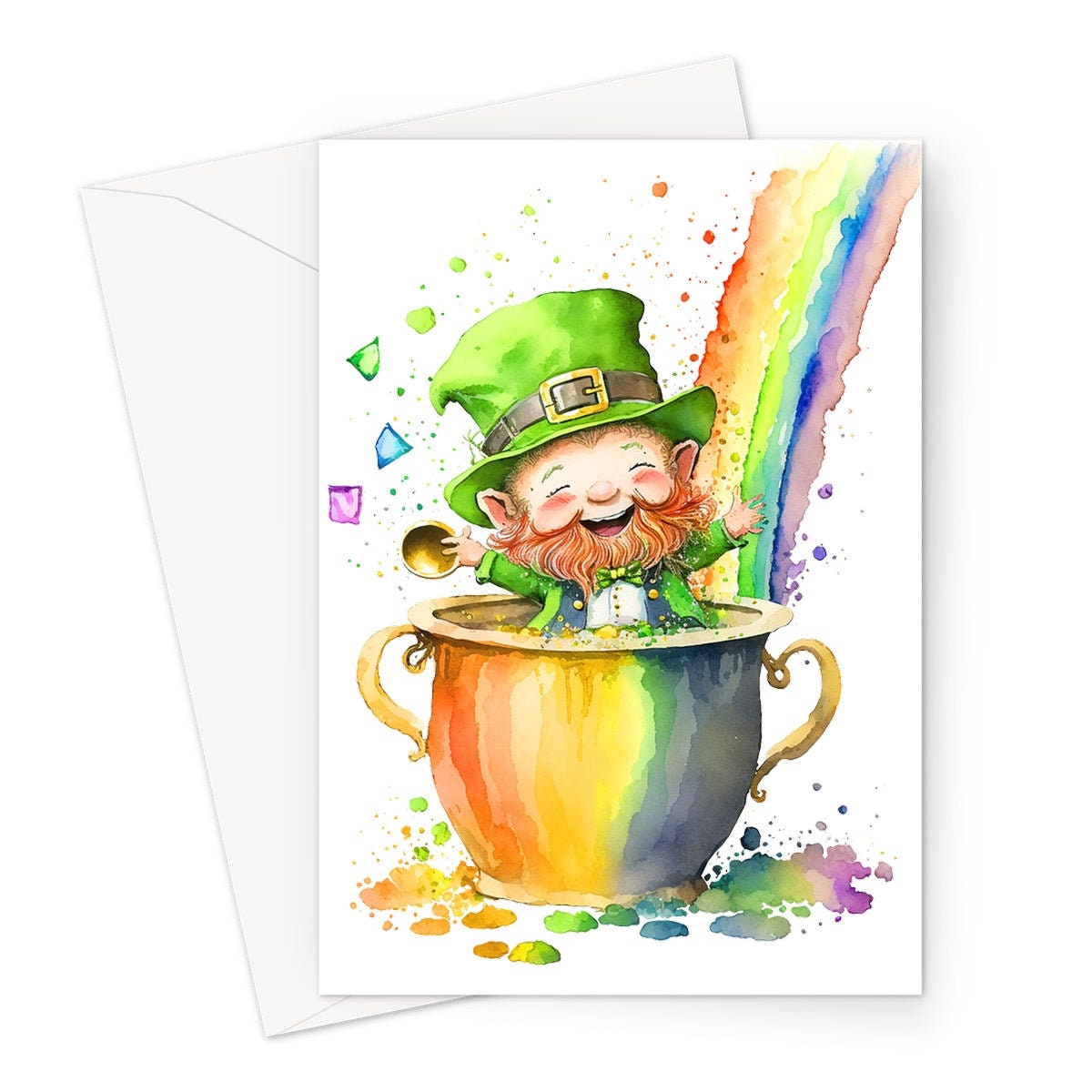 Cute Leprechaun Card St Patricks Day Luck of the Irish Pot of Gold Rainbow Lucky Ireland Themed Saint Paddy's Watercolor Greeting Cards Eco - View 2