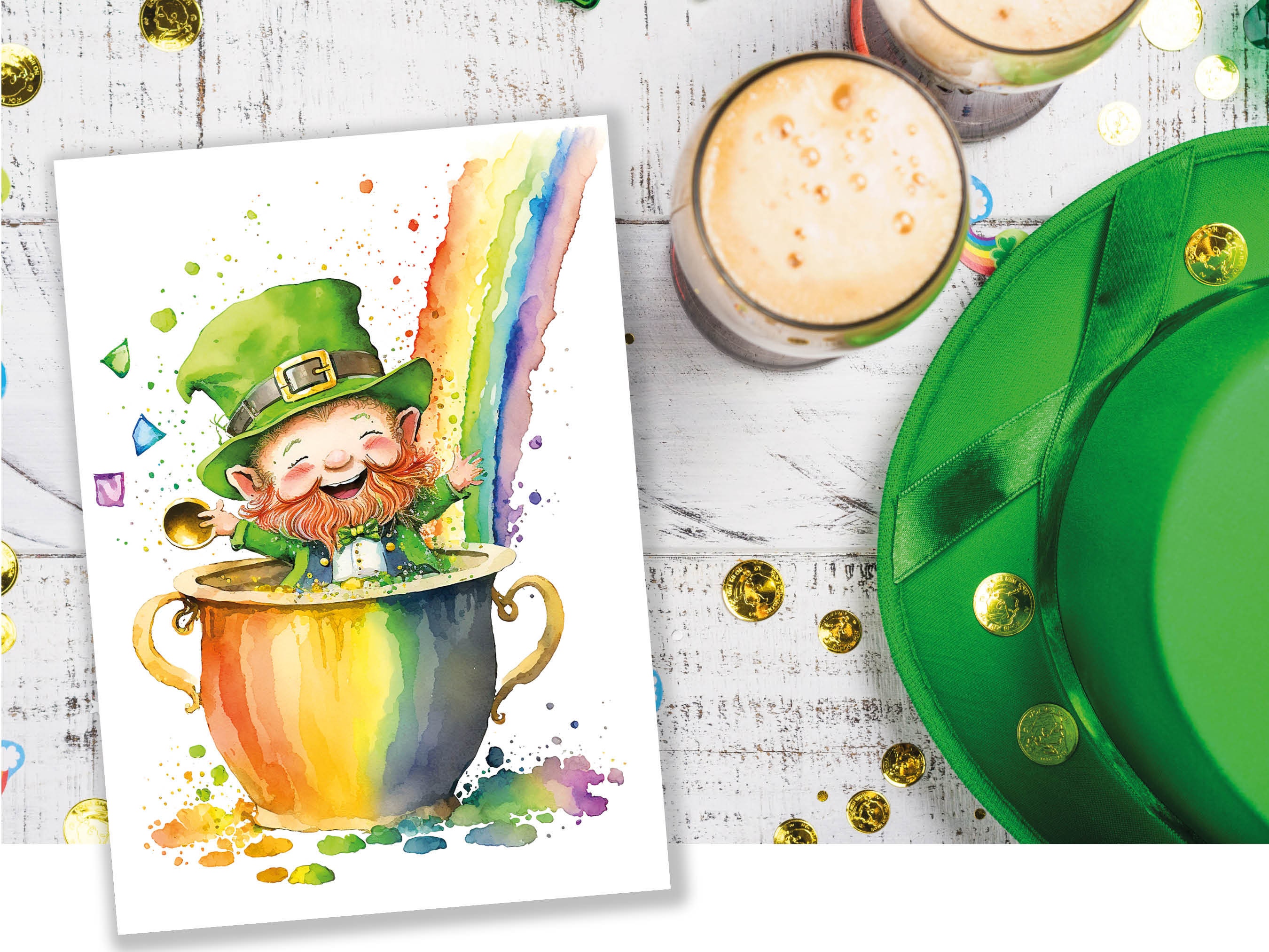 Cute Leprechaun Card St Patricks Day Luck of the Irish Pot of Gold Rainbow Lucky Ireland Themed Saint Paddy's Watercolor Greeting Cards Eco - View 8