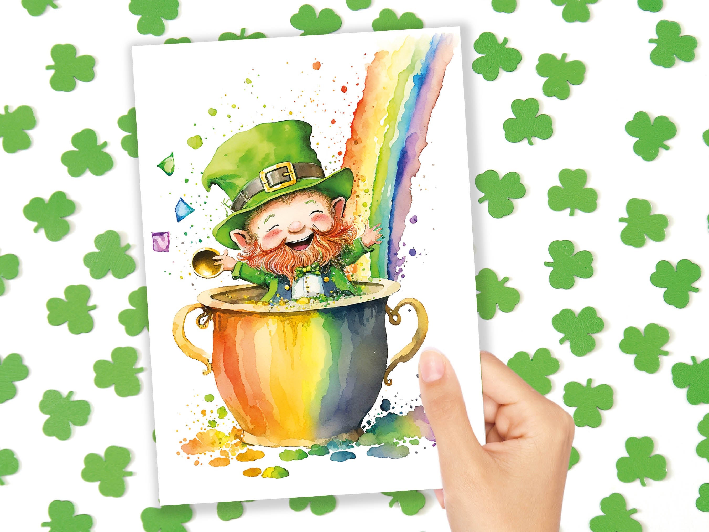 Cute Leprechaun Card St Patricks Day Luck of the Irish Pot of Gold Rainbow Lucky Ireland Themed Saint Paddy's Watercolor Greeting Cards Eco - View 10