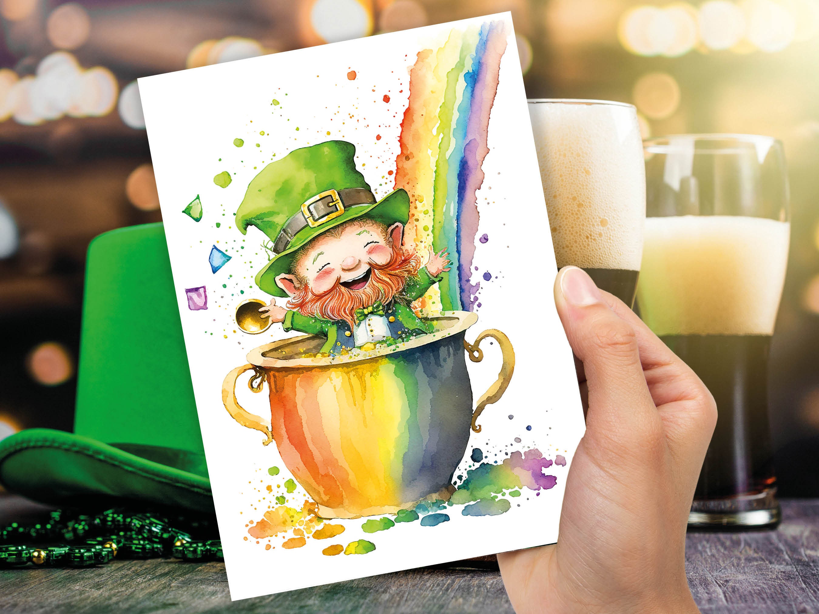 Cute Leprechaun Card St Patricks Day Luck of the Irish Pot of Gold Rainbow Lucky Ireland Themed Saint Paddy's Watercolor Greeting Cards Eco - View 9