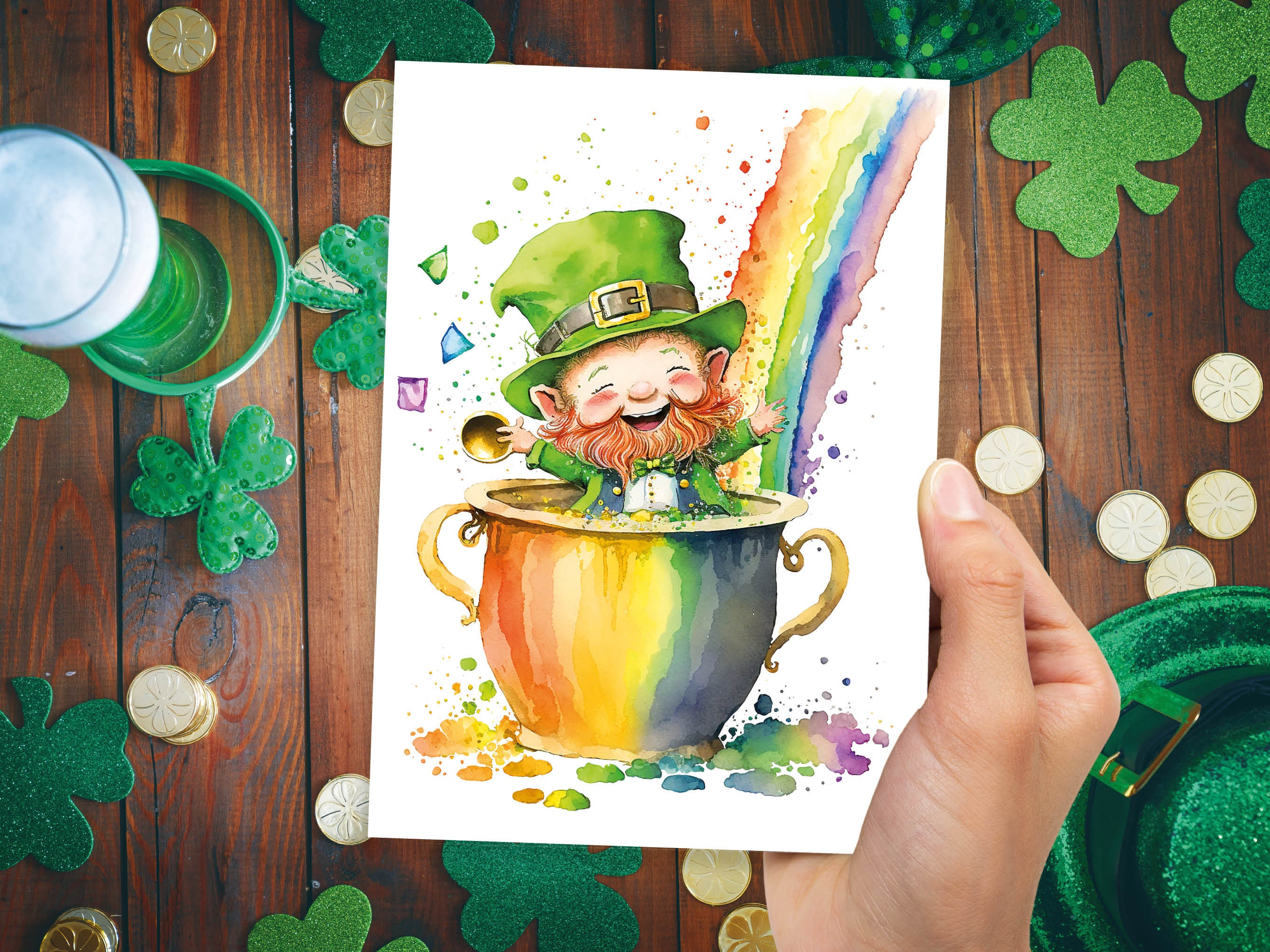 Cute Leprechaun Card St Patricks Day Luck of the Irish Pot of Gold Rainbow Lucky Ireland Themed Saint Paddy's Watercolor Greeting Cards Eco - View 6