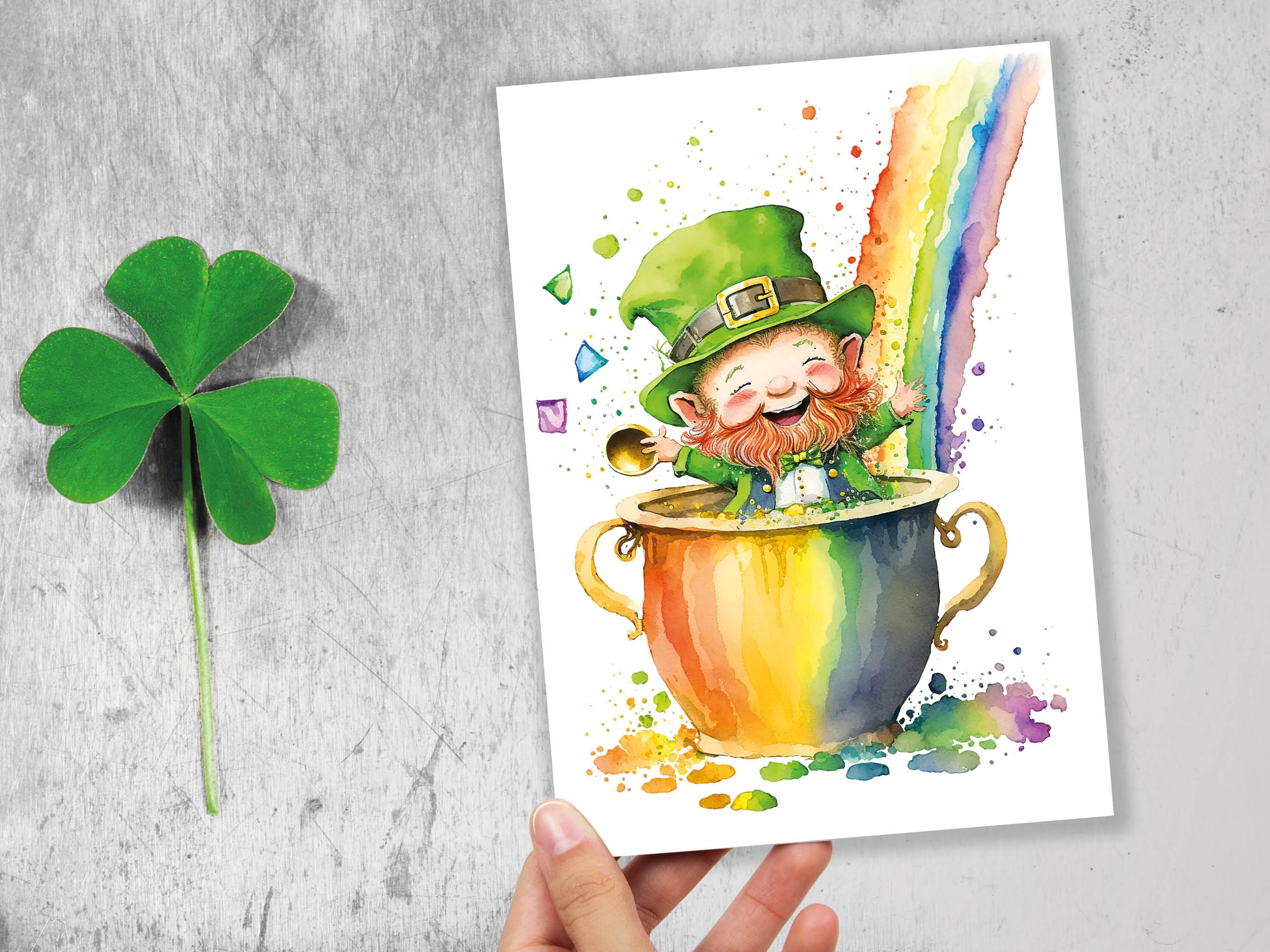 Cute Leprechaun Card St Patricks Day Luck of the Irish Pot of Gold Rainbow Lucky Ireland Themed Saint Paddy's Watercolor Greeting Cards Eco - View 5