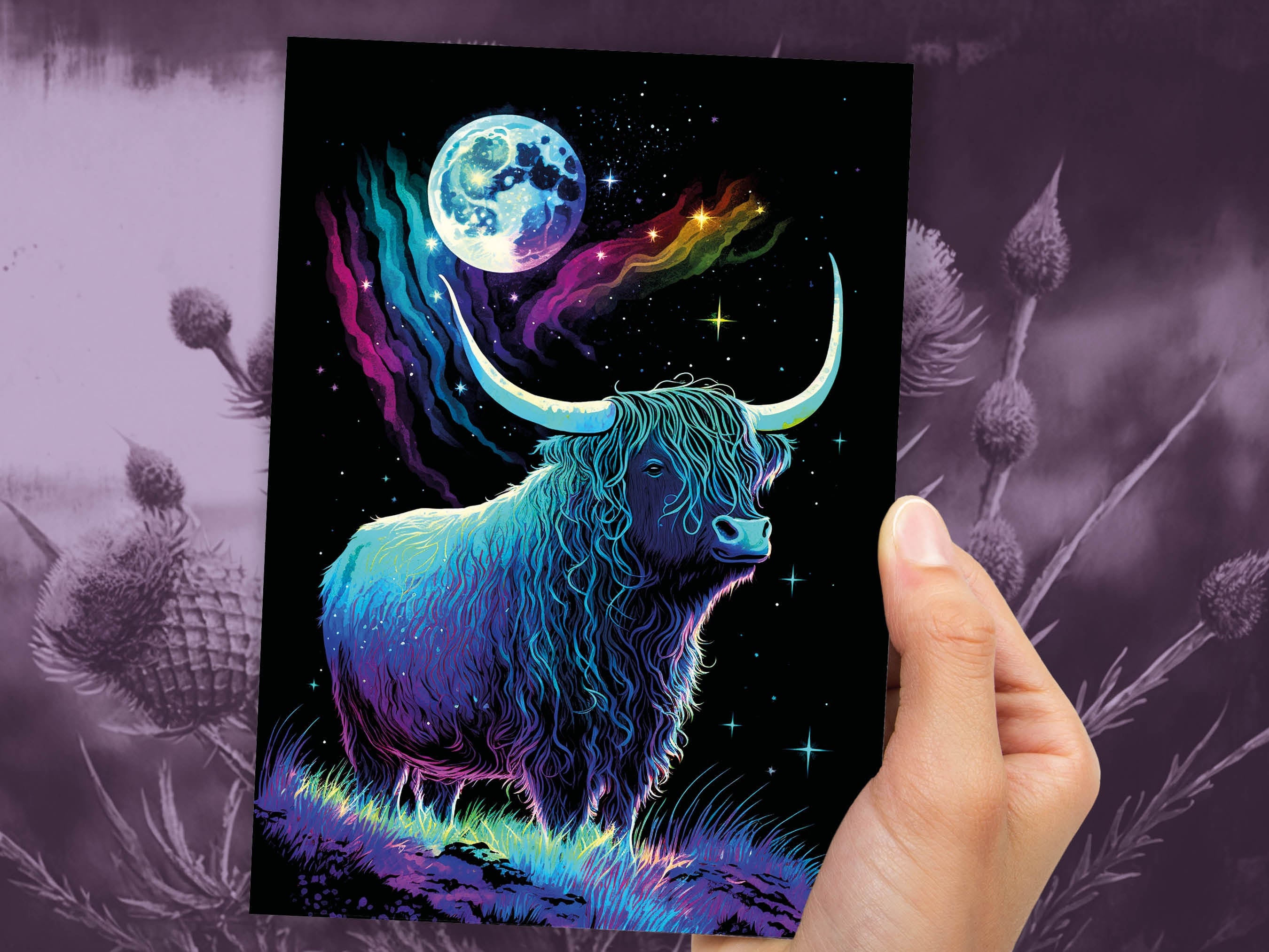 Highland Cow Birthday Card Moon Stars Galaxy Iridescent Colours Encouragement Strength Perseverance Follow Your Dreams Goals Greeting Cards - View 9