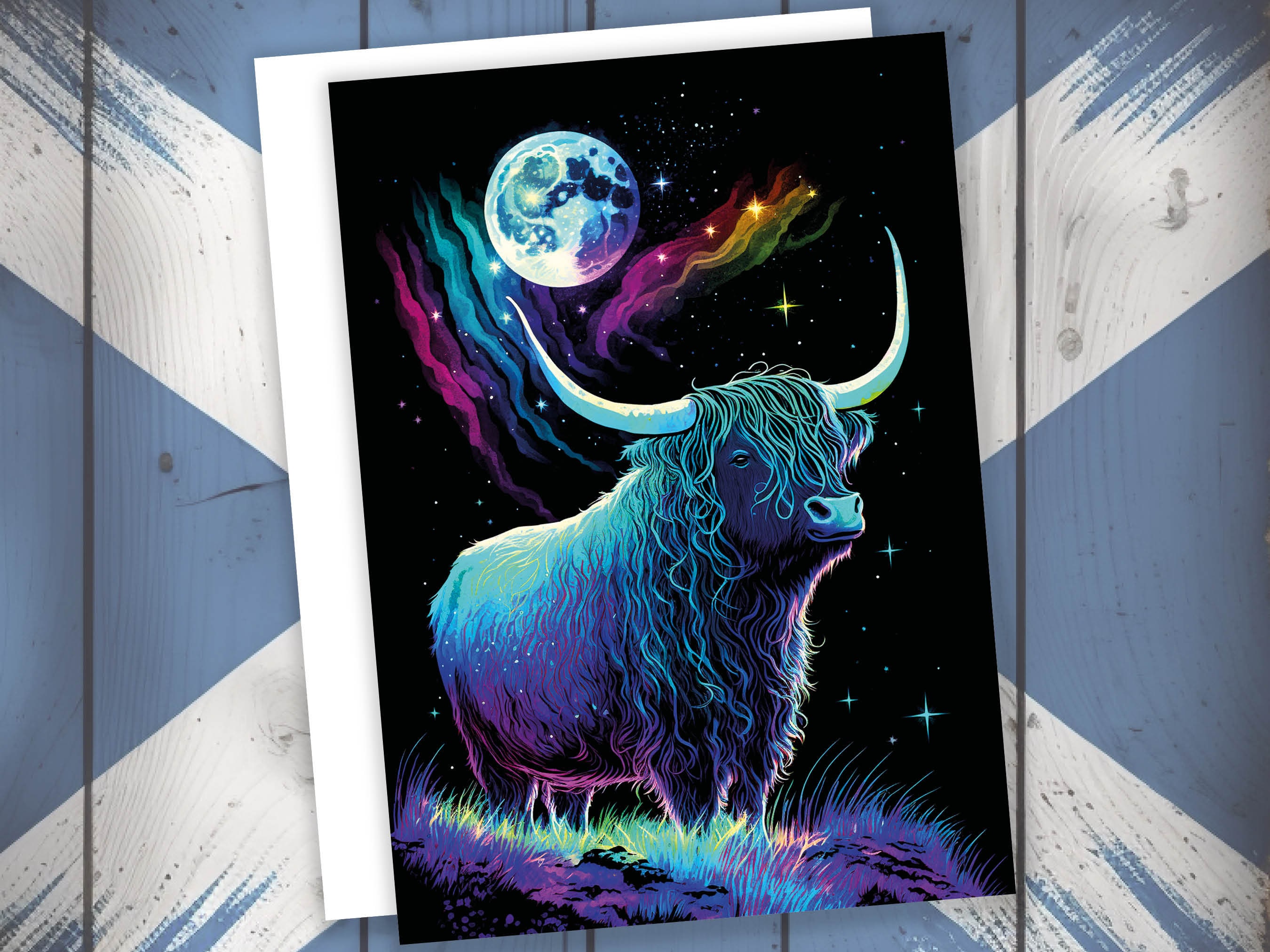 Highland Cow Birthday Card Moon Stars Galaxy Iridescent Colours Encouragement Strength Perseverance Follow Your Dreams Goals Greeting Cards - View 7