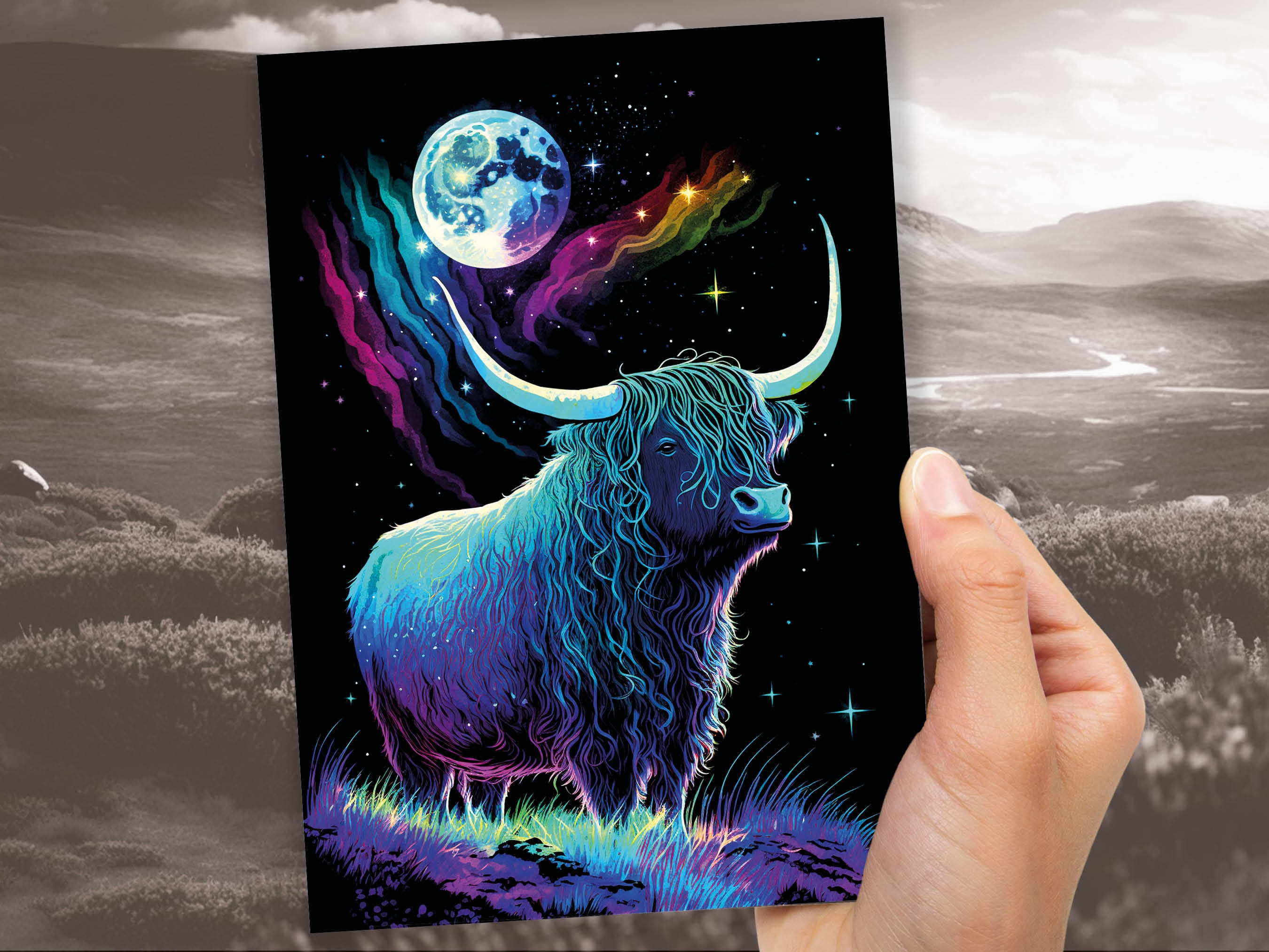 Highland Cow Birthday Card Moon Stars Galaxy Iridescent Colours Encouragement Strength Perseverance Follow Your Dreams Goals Greeting Cards - View 8