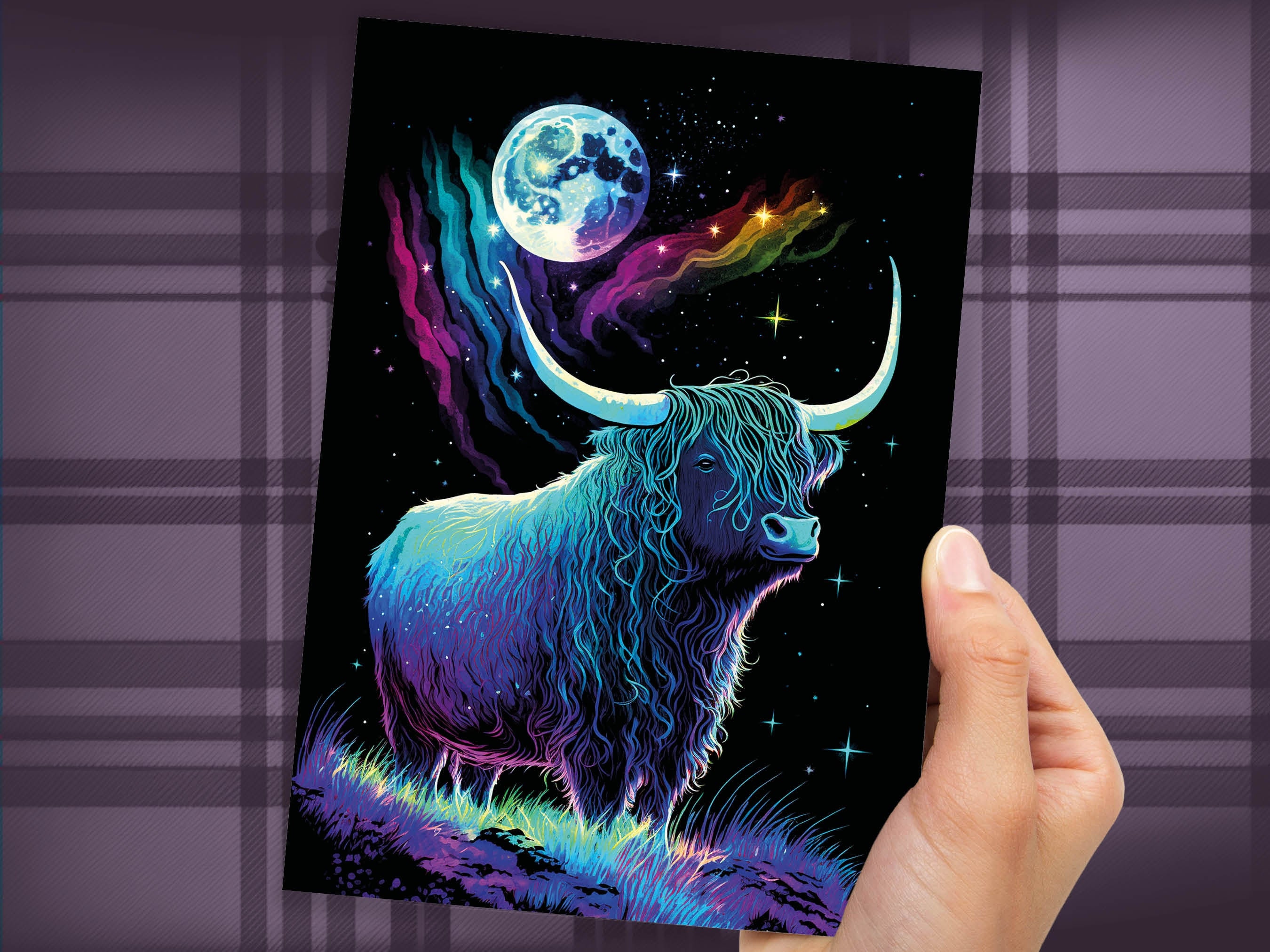 Highland Cow Birthday Card Moon Stars Galaxy Iridescent Colours Encouragement Strength Perseverance Follow Your Dreams Goals Greeting Cards - View 6