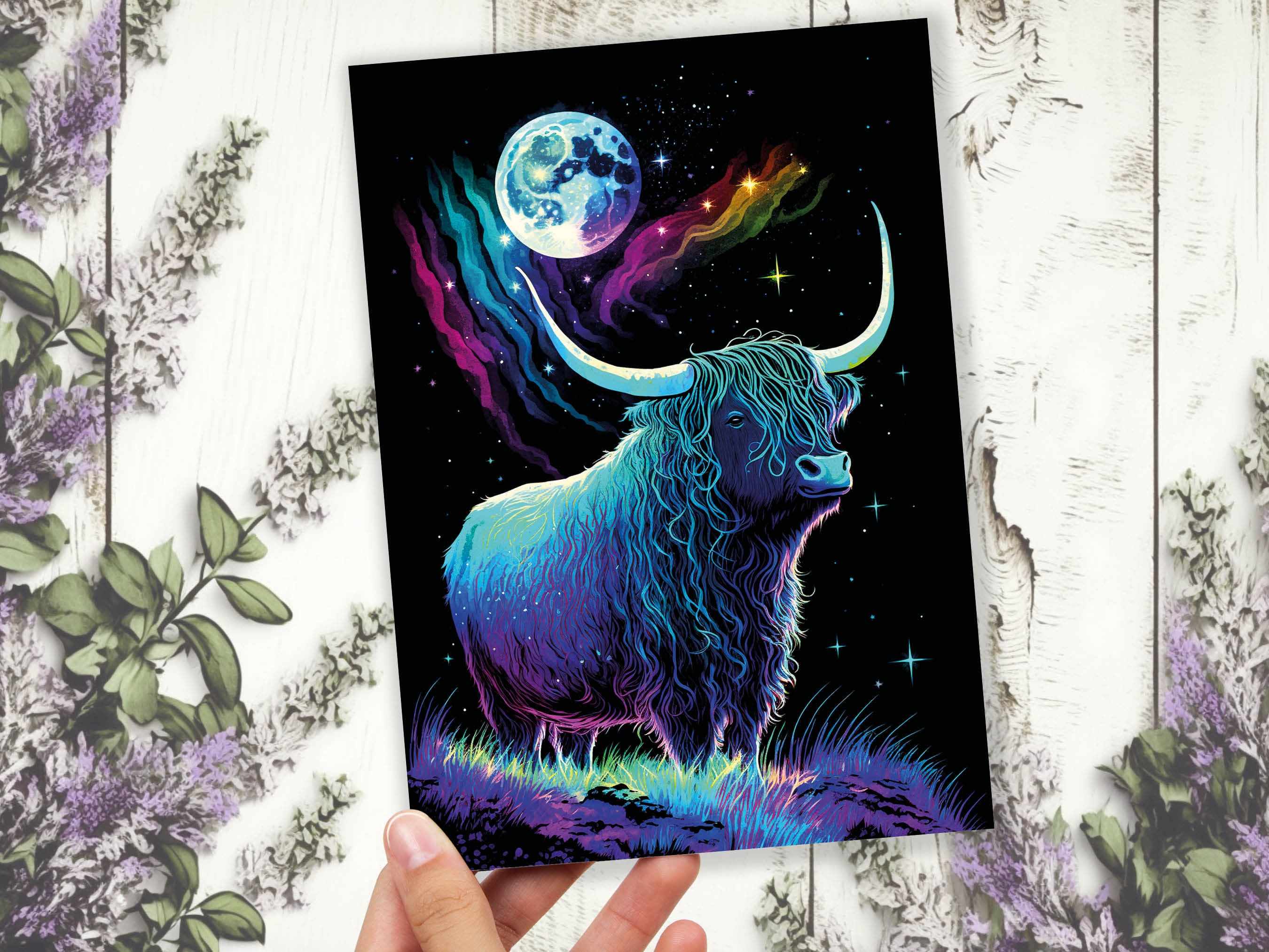 Highland Cow Birthday Card Moon Stars Galaxy Iridescent Colours Encouragement Strength Perseverance Follow Your Dreams Goals Greeting Cards - View 5