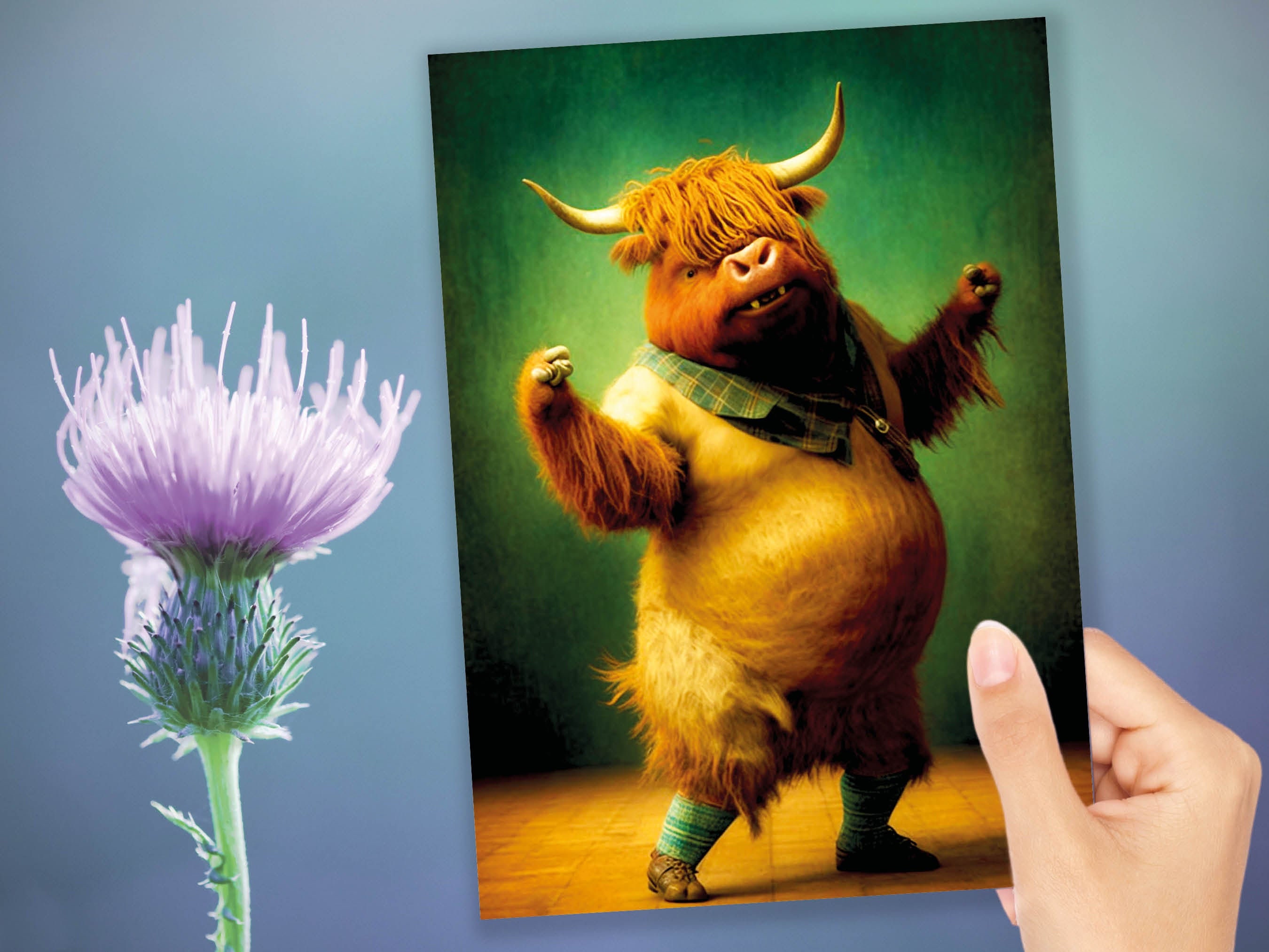 Highland Cow Celebrating Achievement Card Well Done Congrats Flexing Muscles Dancing Bodybuilding Pose Strength Encouragement You Got This - View 9