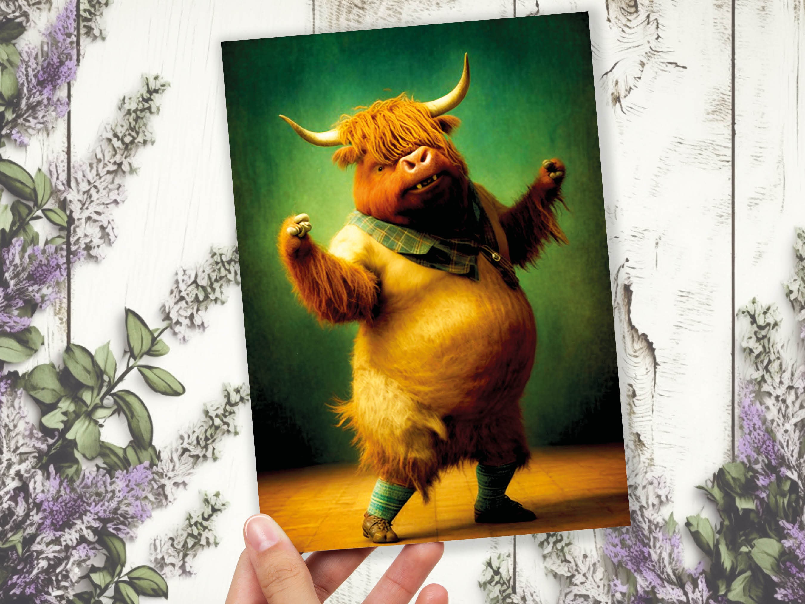 Highland Cow Celebrating Achievement Card Well Done Congrats Flexing Muscles Dancing Bodybuilding Pose Strength Encouragement You Got This - View 4