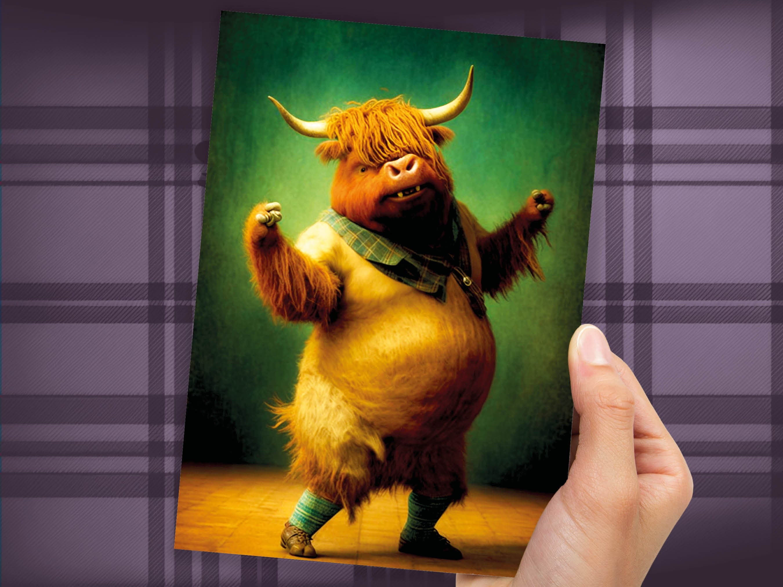 Highland Cow Celebrating Achievement Card Well Done Congrats Flexing Muscles Dancing Bodybuilding Pose Strength Encouragement You Got This - View 5