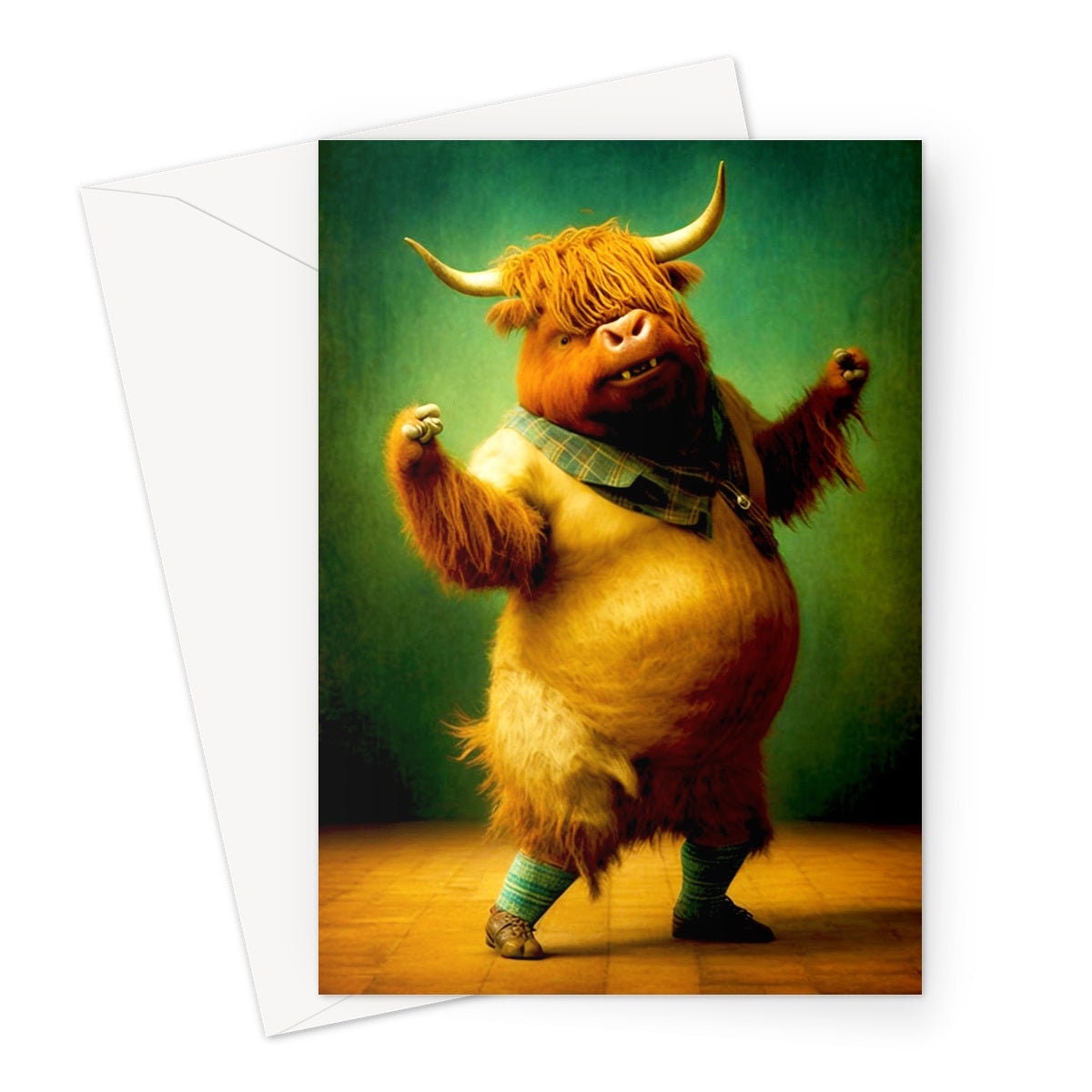 Highland Cow Celebrating Achievement Card Well Done Congrats Flexing Muscles Dancing Bodybuilding Pose Strength Encouragement You Got This - View 2