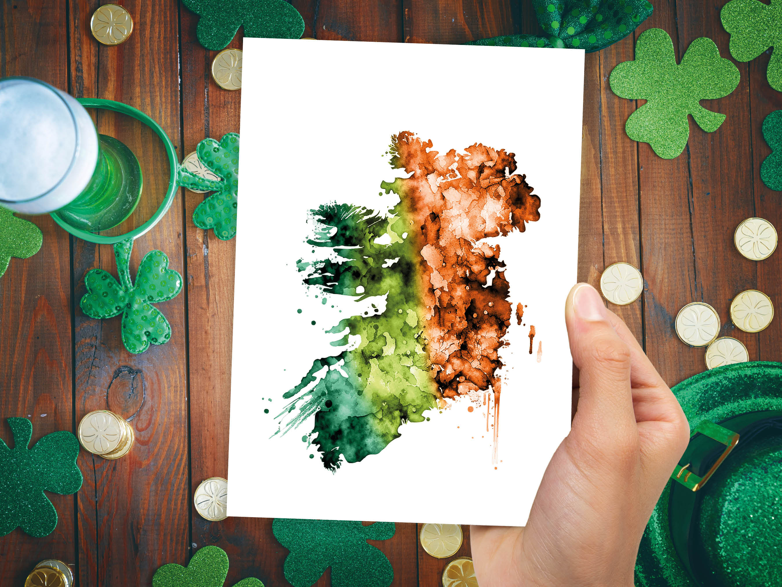 Watercolour Map of Ireland Greeting Card St. Patrick's Day Cards for Irish Friend Moving Travelling Emerald Isle Green Orange Flag Colours - View 7