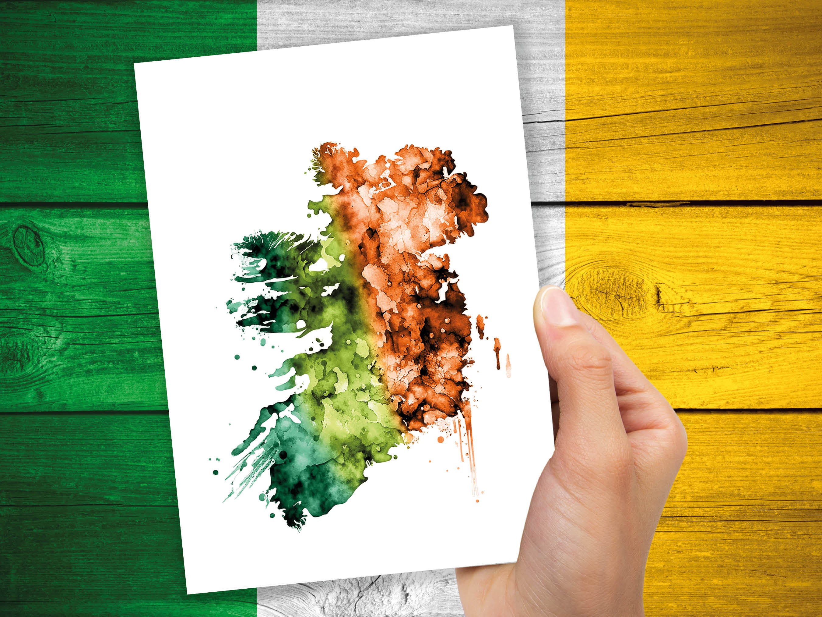 Watercolour Map of Ireland Greeting Card St. Patrick's Day Cards for Irish Friend Moving Travelling Emerald Isle Green Orange Flag Colours - View 4