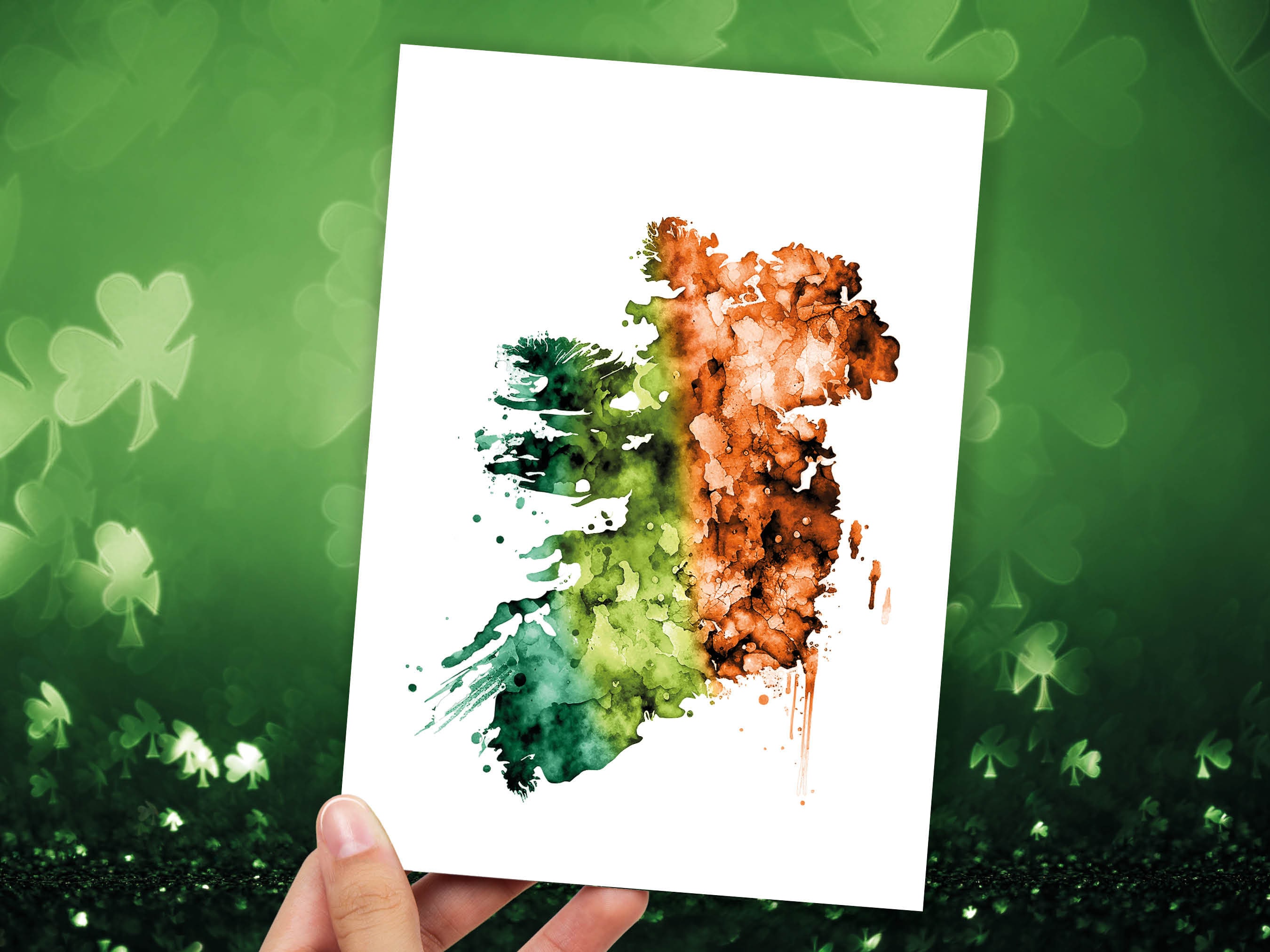 Watercolour Map of Ireland Greeting Card St. Patrick's Day Cards for Irish Friend Moving Travelling Emerald Isle Green Orange Flag Colours - View 3