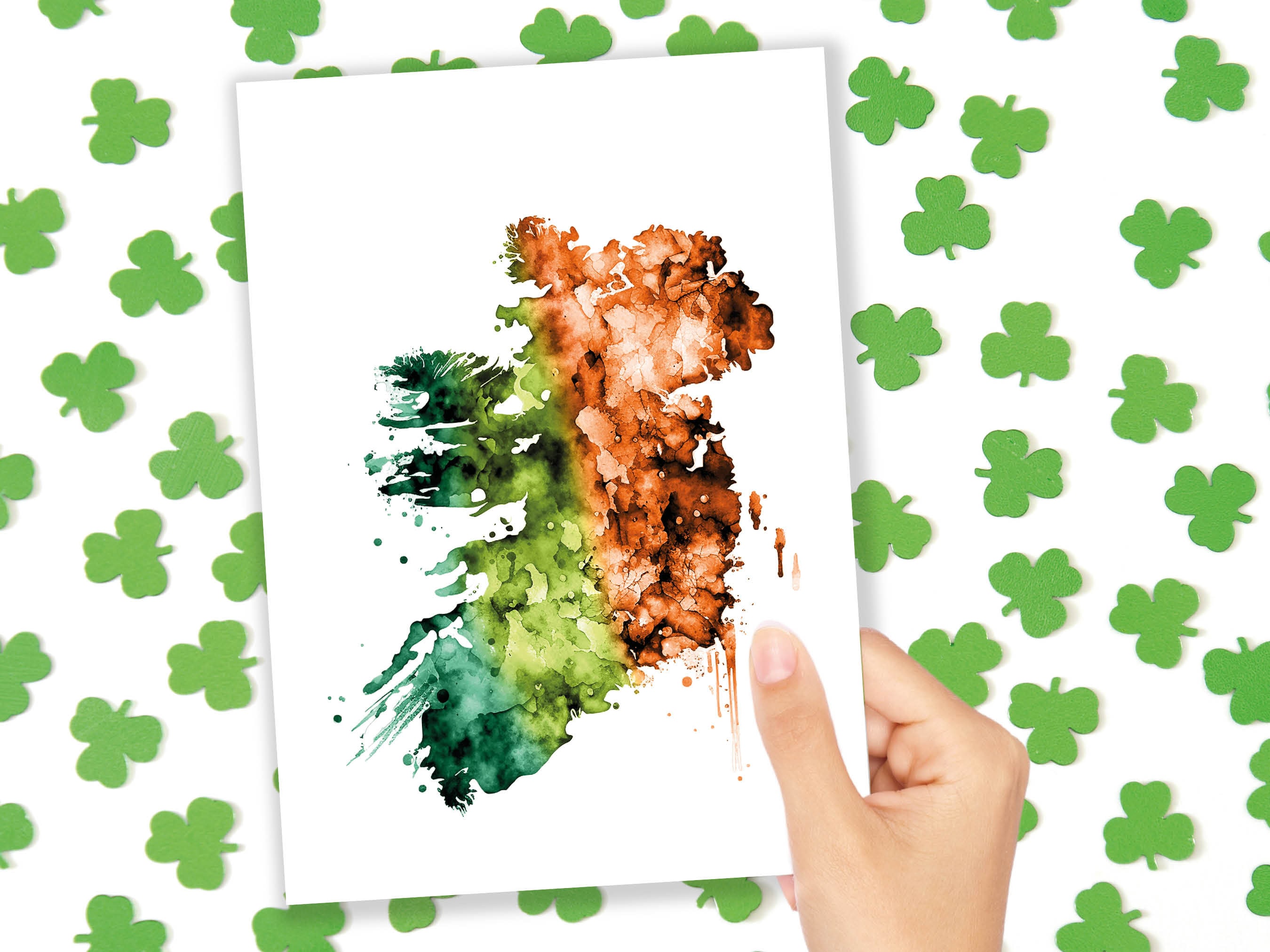 Watercolour Map of Ireland Greeting Card St. Patrick's Day Cards for Irish Friend Moving Travelling Emerald Isle Green Orange Flag Colours - View 2