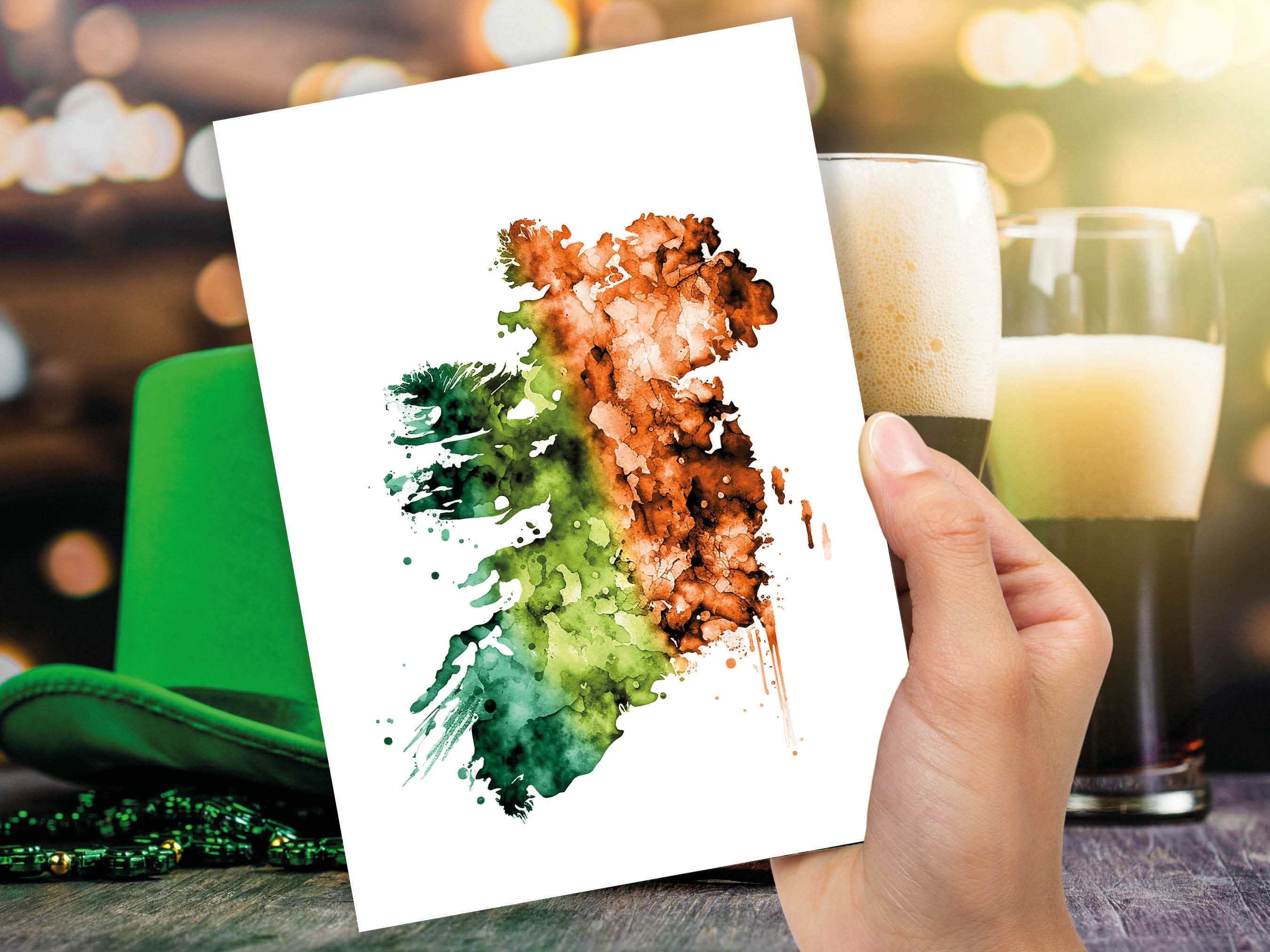 Watercolour Map of Ireland Greeting Card St. Patrick's Day Cards for Irish Friend Moving Travelling Emerald Isle Green Orange Flag Colours - View 5
