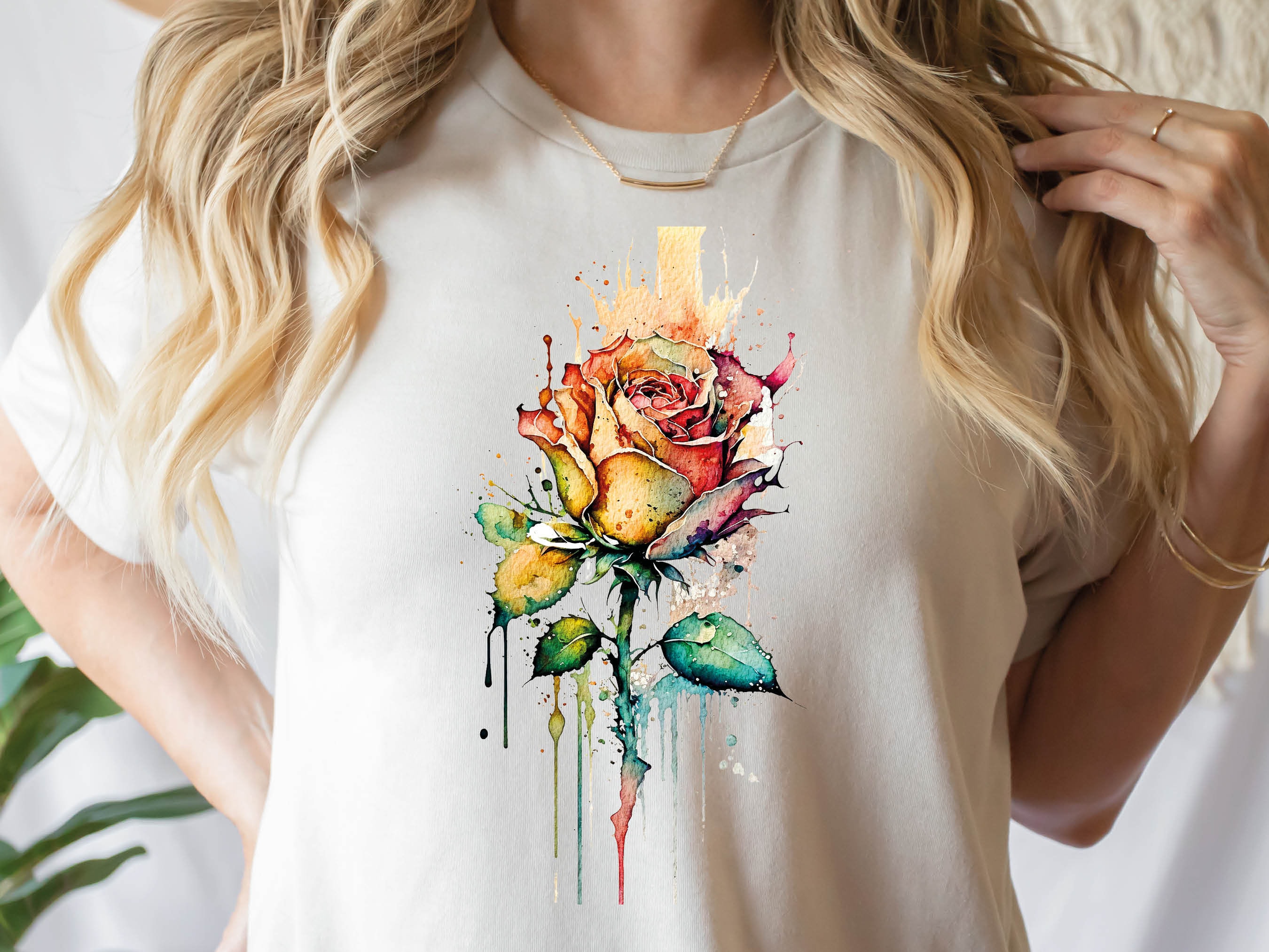 Rose T-Shirt Watercolour Abstract Romantic Tattoo Painting Gothic Grunge Tee Feminine Pink Red Flower Fairytale Unisex Tops for Women Her - View 3