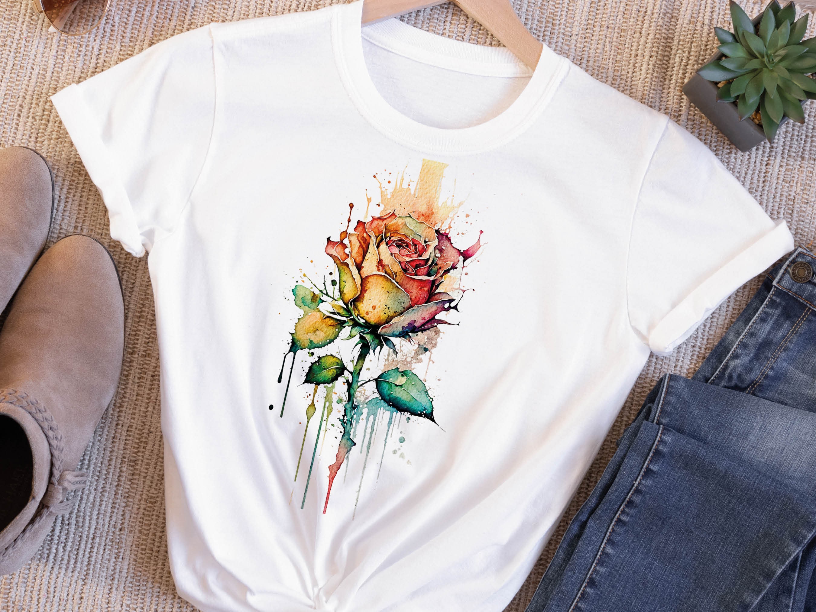 Rose T-Shirt Watercolour Abstract Romantic Tattoo Painting Gothic Grunge Tee Feminine Pink Red Flower Fairytale Unisex Tops for Women Her - View 2