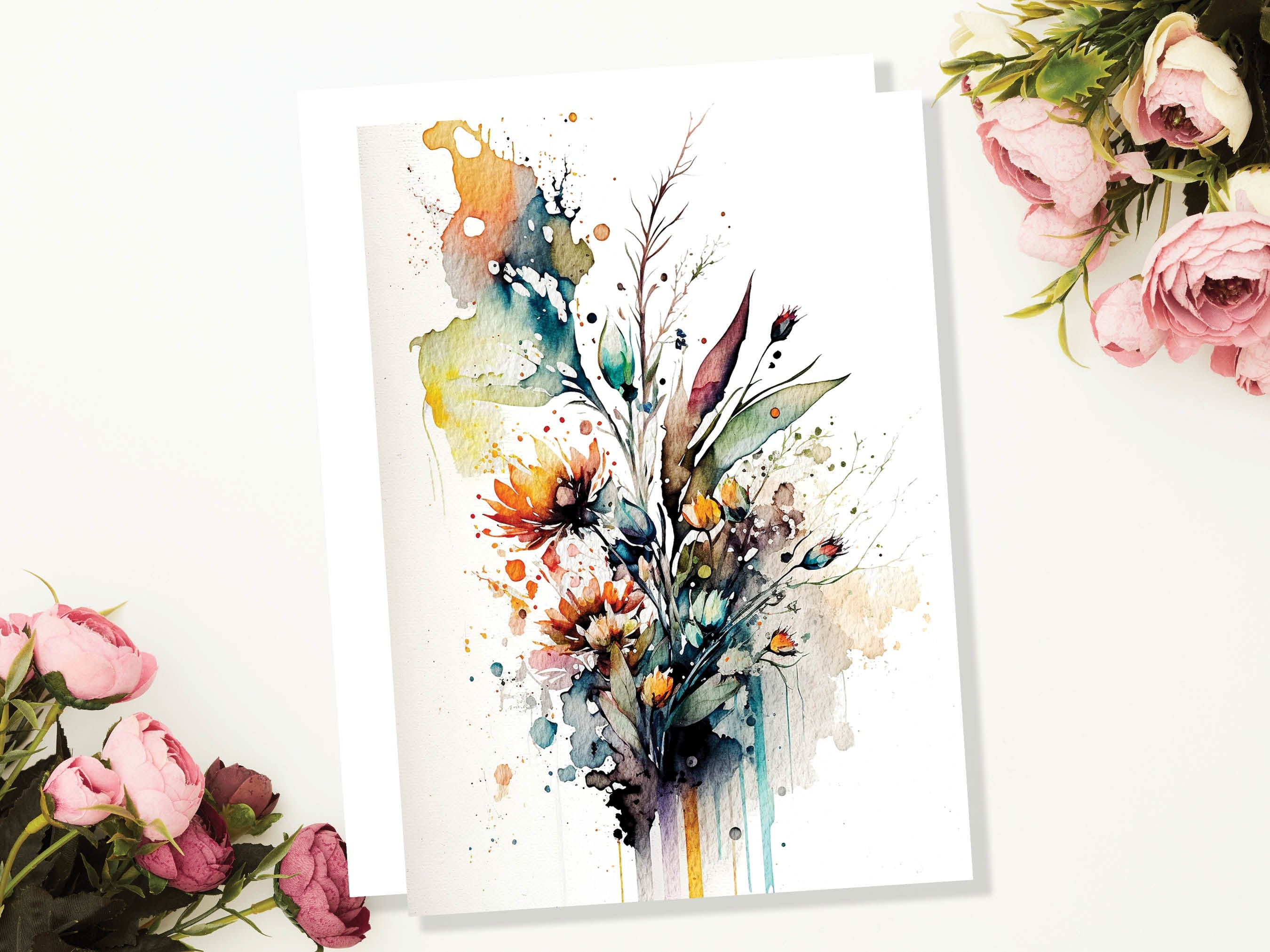Wildflower Card Watercolour Abstract Flowers Painting Happy Birthday Card Mothers Day Mum Wife Nature Wild Floral Thank You Greeting Cards - View 3