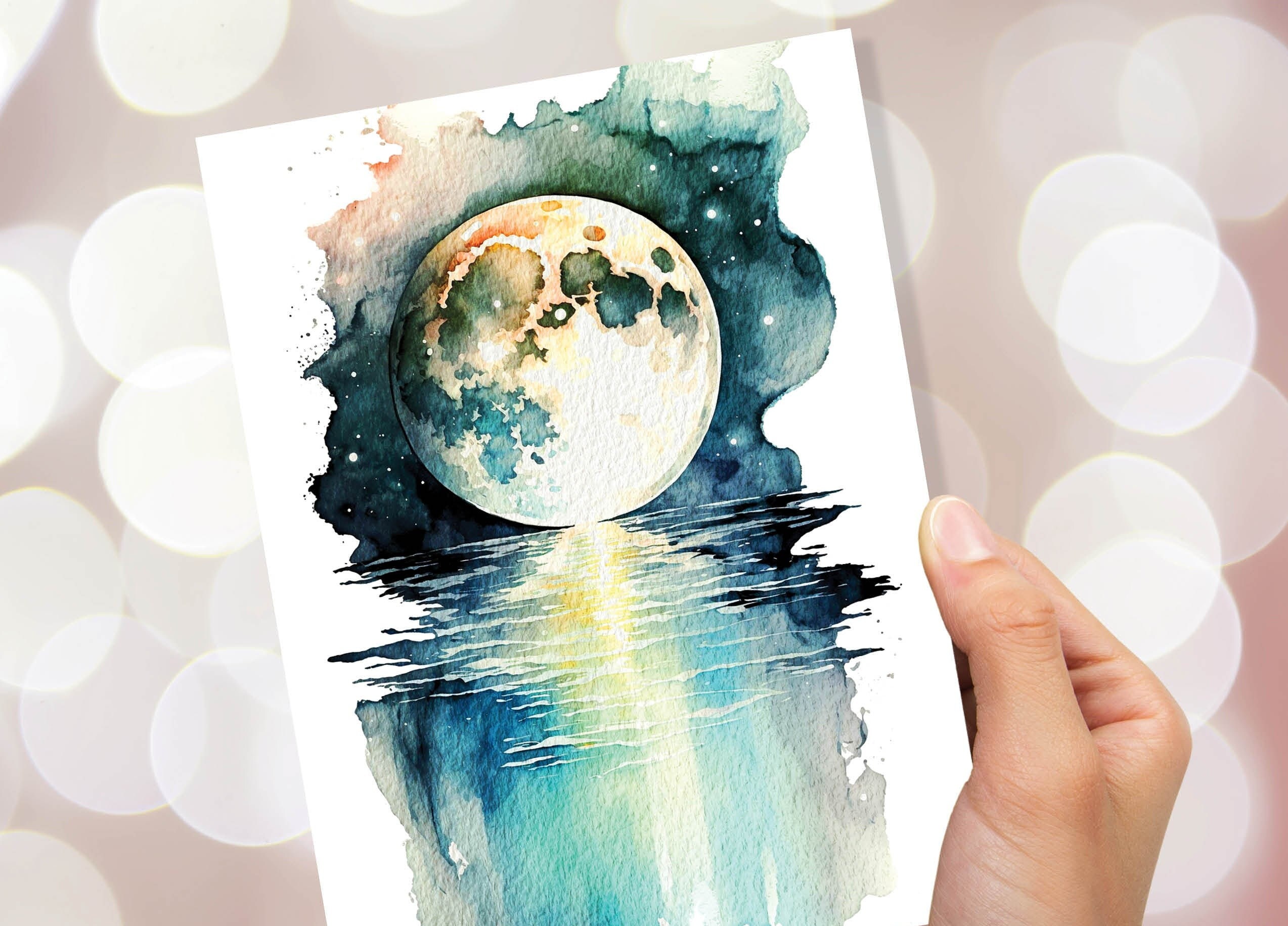 Moon Over Water Card Full Moon Rise Lunar Moonrise Stars Rising Lake Ocean River Sea Celestial Astrology Witchy Watercolour Birthday Cards - View 7
