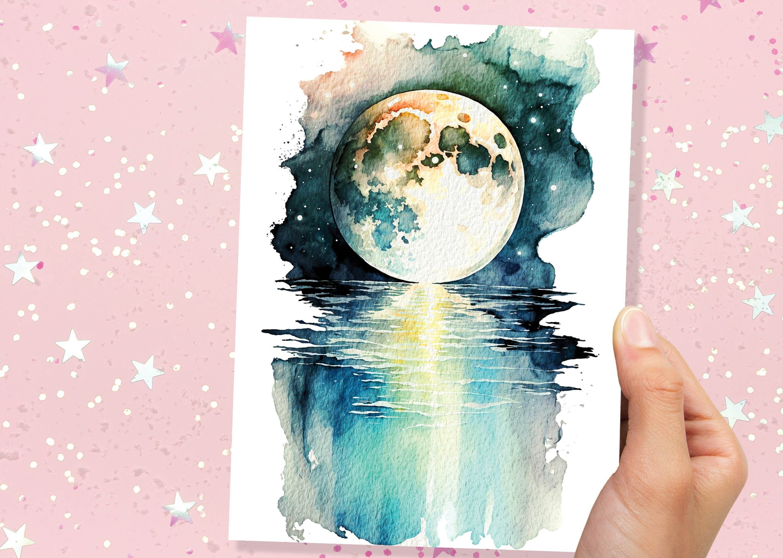 Moon Over Water Card Full Moon Rise Lunar Moonrise Stars Rising Lake Ocean River Sea Celestial Astrology Witchy Watercolour Birthday Cards - View 3