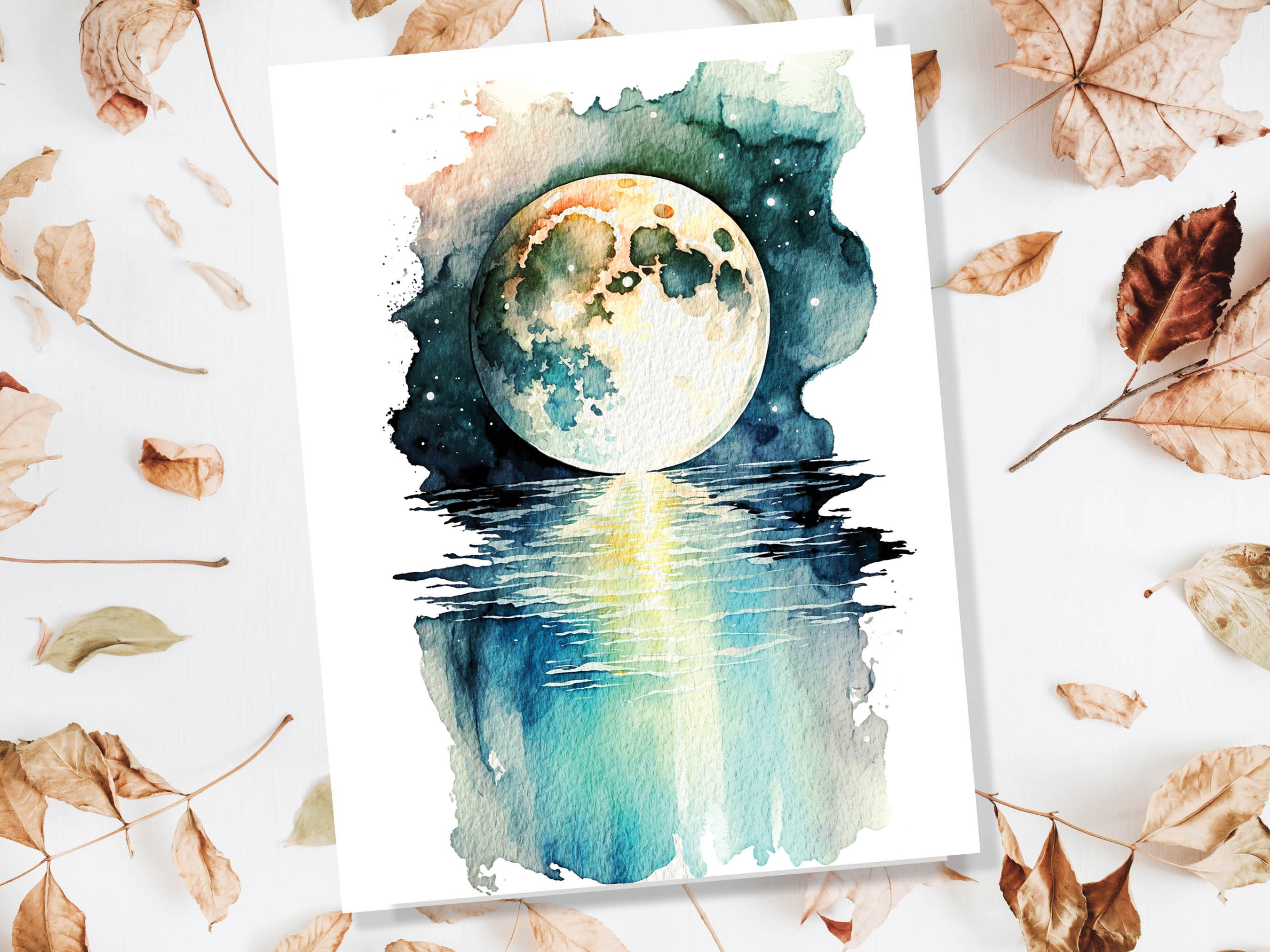 Moon Over Water Card Full Moon Rise Lunar Moonrise Stars Rising Lake Ocean River Sea Celestial Astrology Witchy Watercolour Birthday Cards - View 6