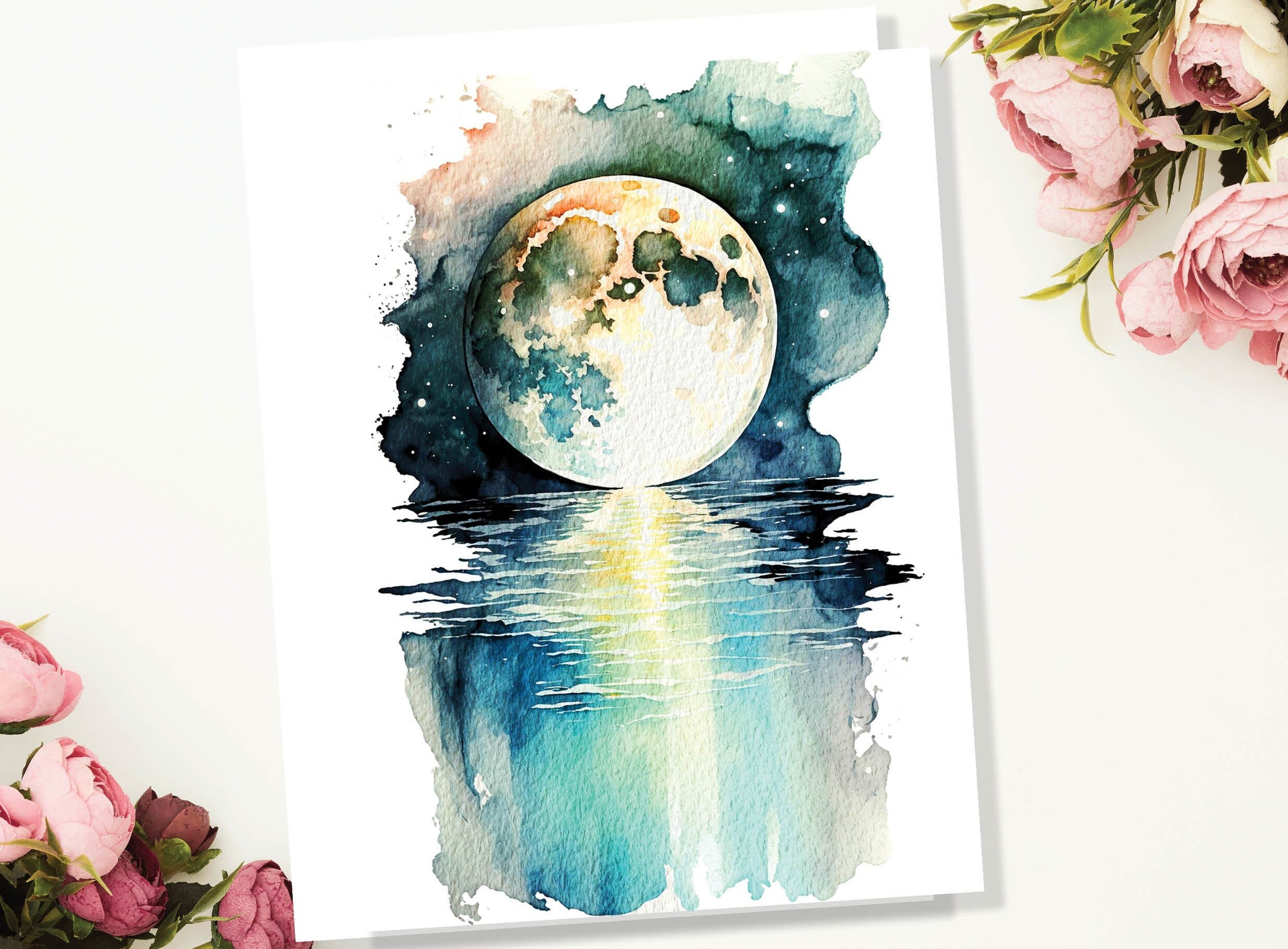 Moon Over Water Card Full Moon Rise Lunar Moonrise Stars Rising Lake Ocean River Sea Celestial Astrology Witchy Watercolour Birthday Cards - View 2