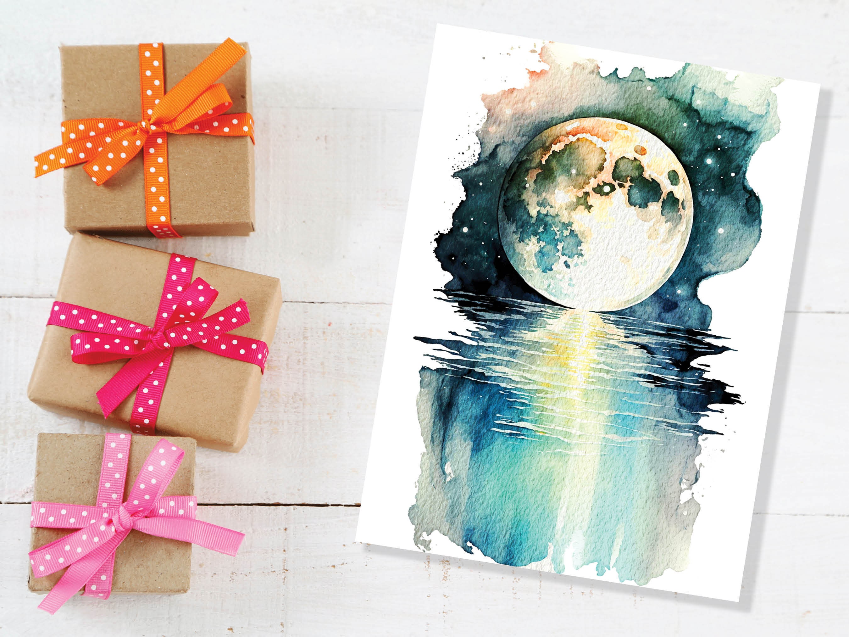 Moon Over Water Card Full Moon Rise Lunar Moonrise Stars Rising Lake Ocean River Sea Celestial Astrology Witchy Watercolour Birthday Cards - View 5