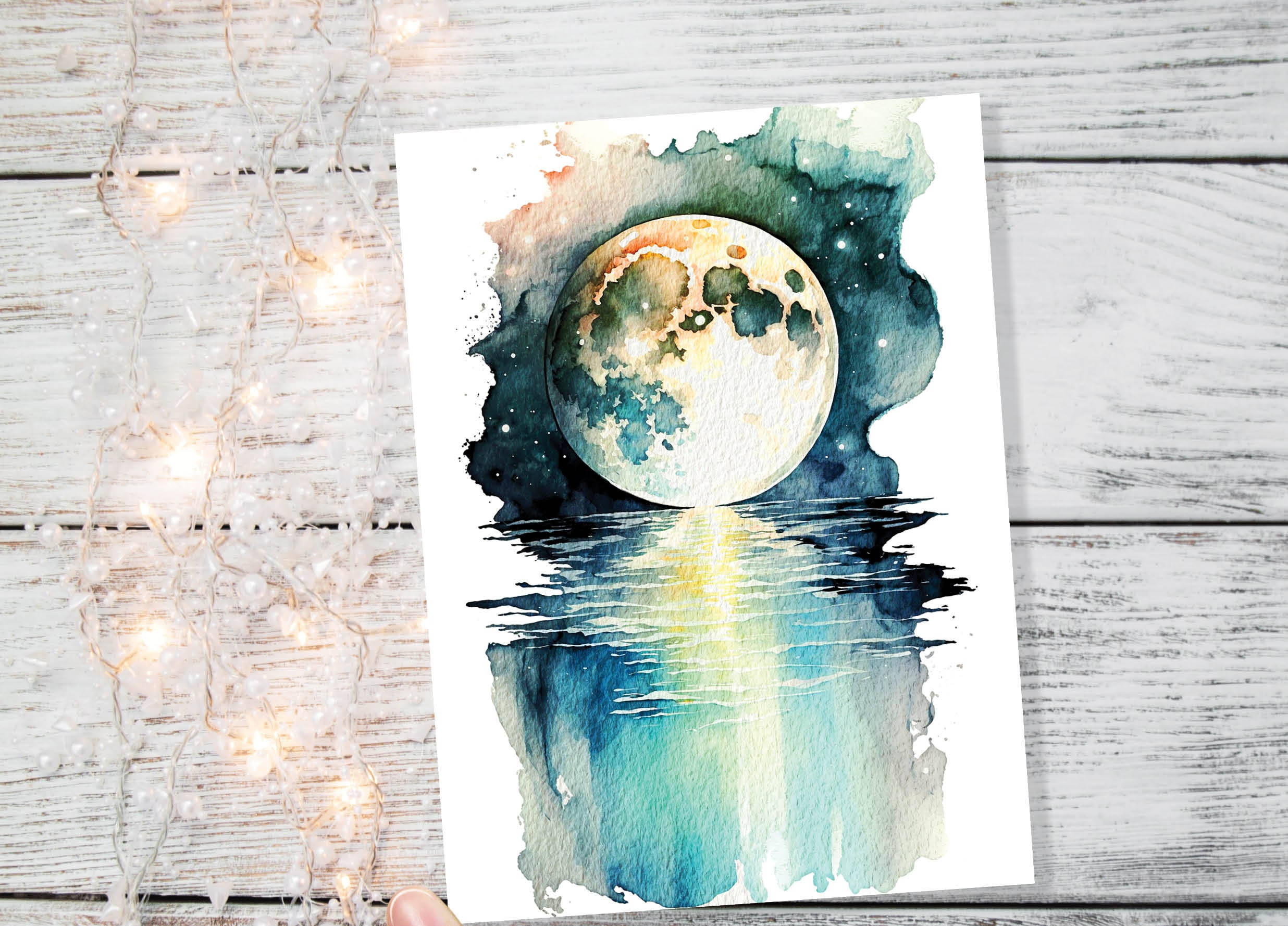 Moon Over Water Card Full Moon Rise Lunar Moonrise Stars Rising Lake Ocean River Sea Celestial Astrology Witchy Watercolour Birthday Cards - View 4