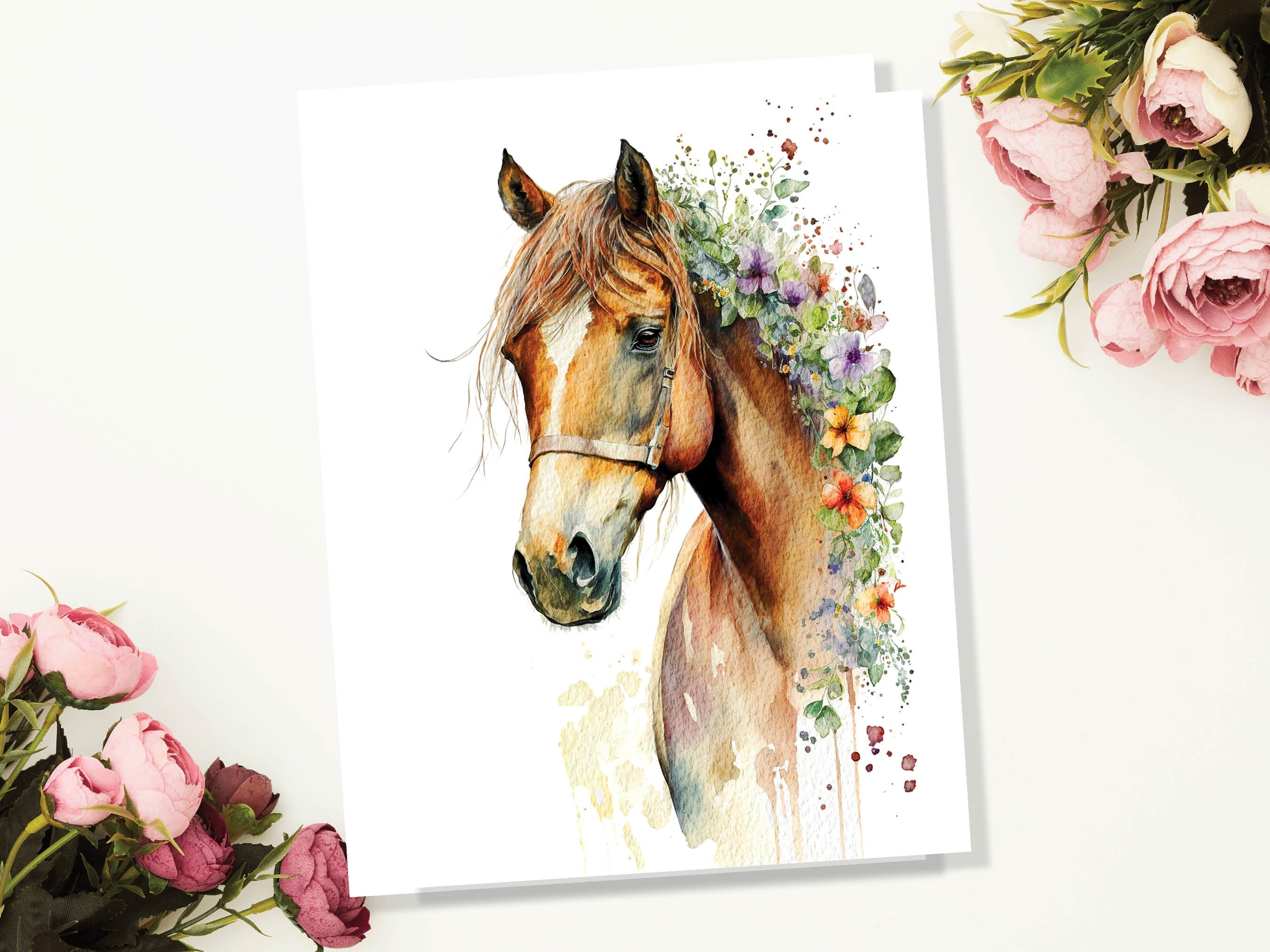Watercolour Horse With Flowers Card Chestnut Sorrel Horsey Pony Equestrian Pet Loss Sympathy Birthday Greeting Cards for Friends & Family - View 3